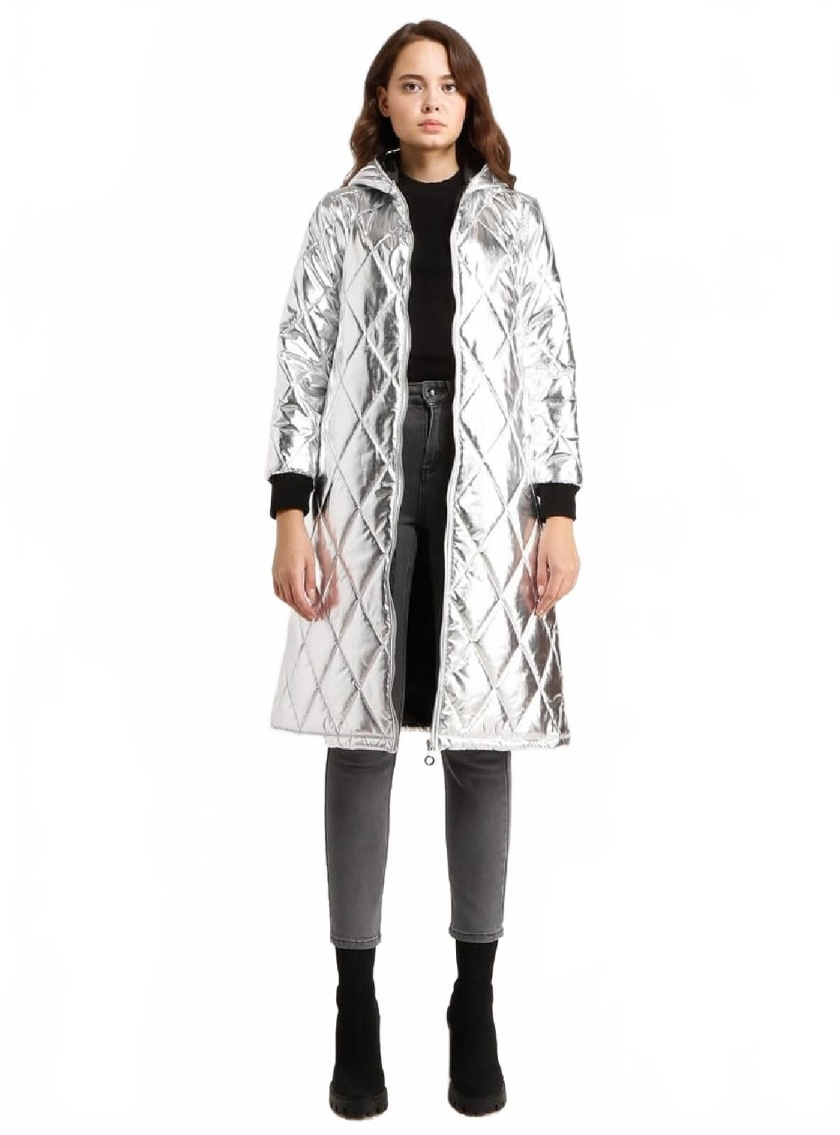 Unknown London Metallic Quilted Long Puffer Coat with Hood, Size 8 Size M / US 6-8 / IT 42-44 - 3 Thumbnail