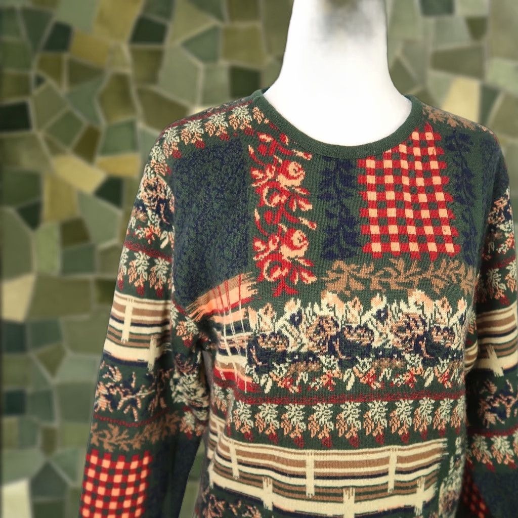 Vintage VINTAGE 90s dark green cream mixed print scenic knit wool blend sweater M Women's Pullover Wool Blend Long Sleeve Floral Size M / US 6-8 / IT 42-44 - 1 Thumbnail