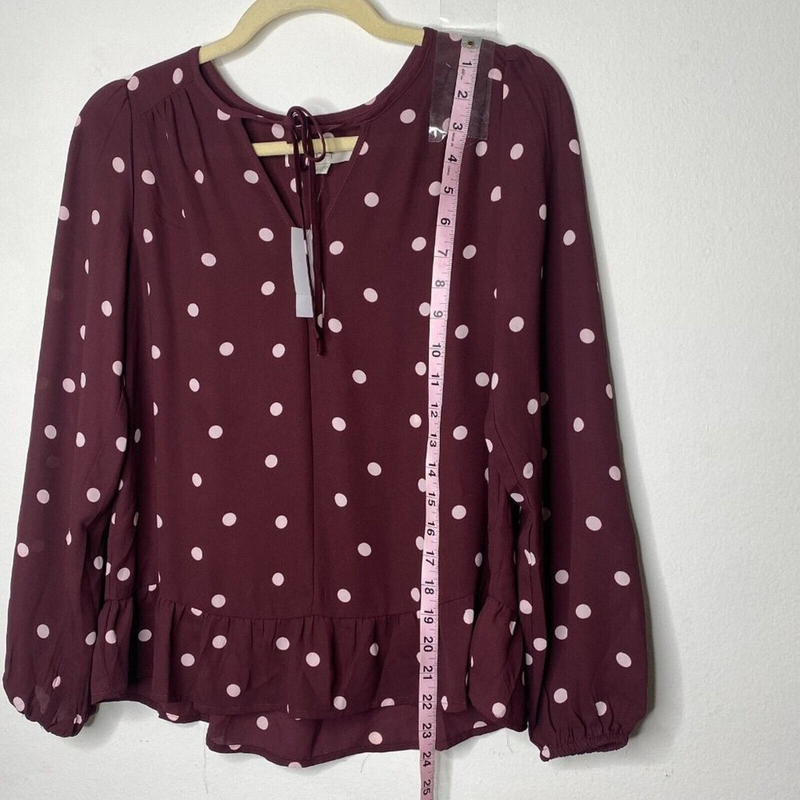 Loft Loft Burgundy Pink Polka Dot Tie Ruffle Hem Long Sleeve Top Size XXS / US 00 / IT 34 - 9 Thumbnail