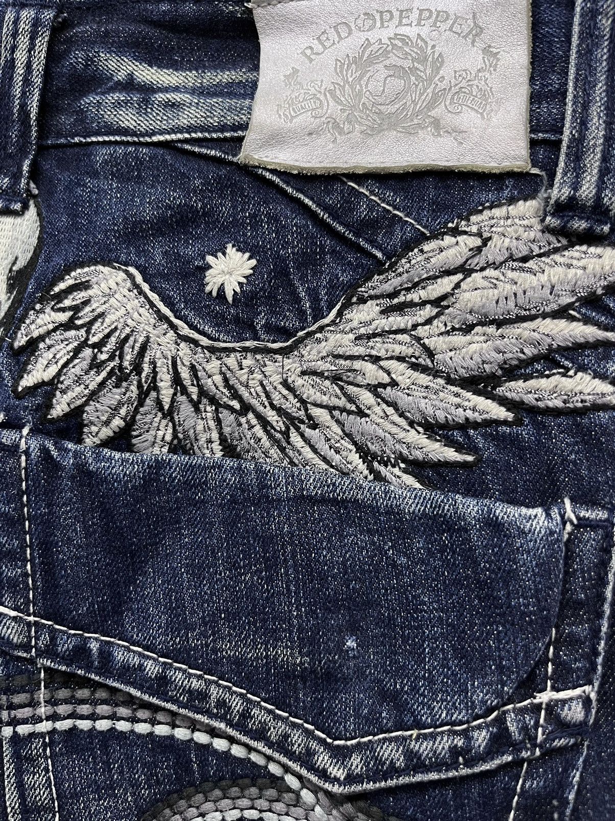 Le Grande Bleu (L.G.B.) × Seditionaries FYE💀🪽WINGED SKULL EMBROIDERY🔥VINTAGE TATTOO JEANS FLARE🔥 Size US 31 - 4 Thumbnail