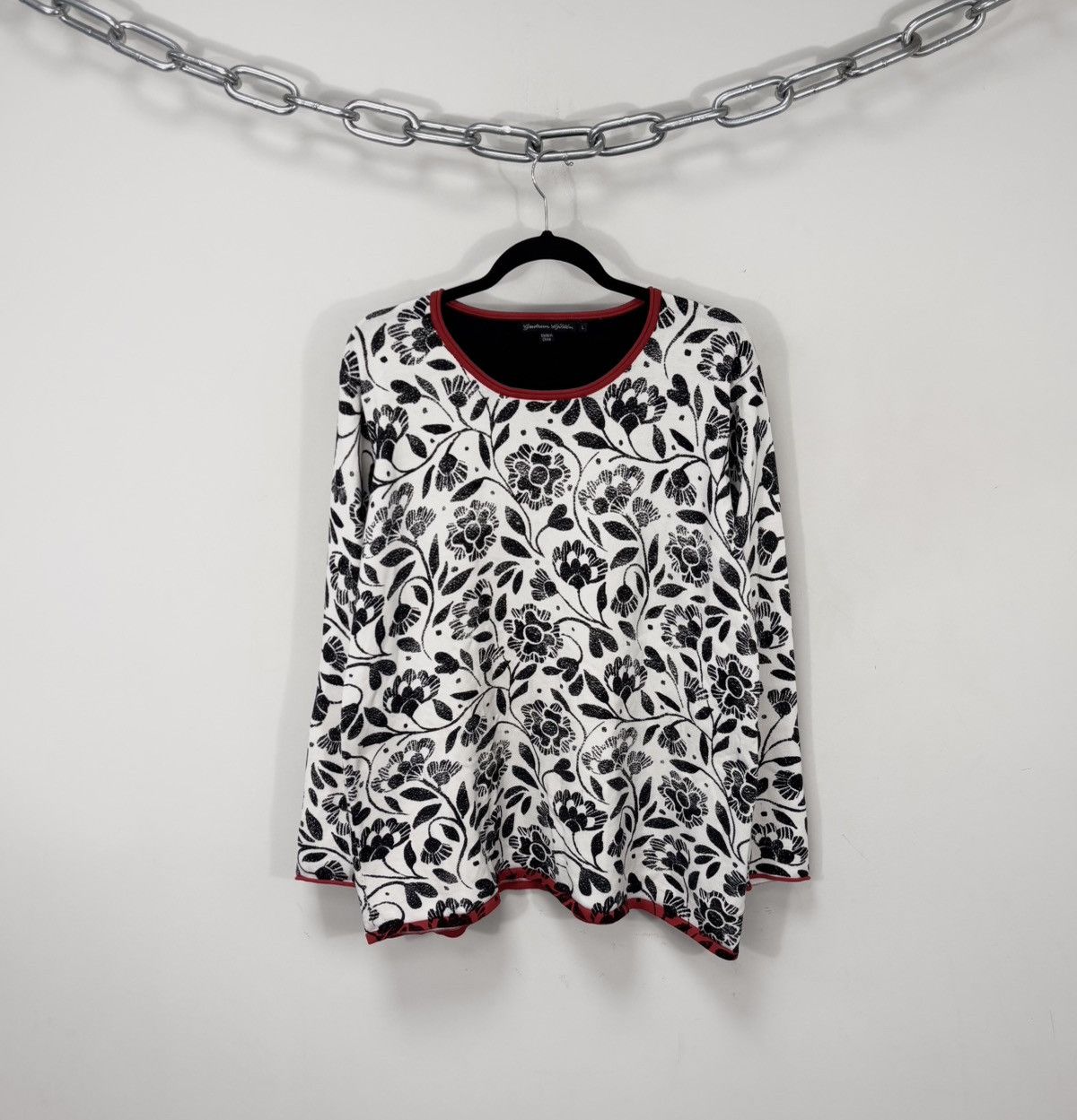 Gudrun Sjoden Gudrun Sjoden Women’s White/Black Floral Cotton Sweater Top Size L / US 10 / IT 46 - 1 Thumbnail