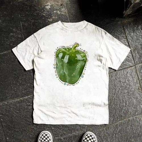 VIBE White street washed retro green pepper print cotton t-shirt Size US M / EU 48-50 / 2 - 5 Thumbnail