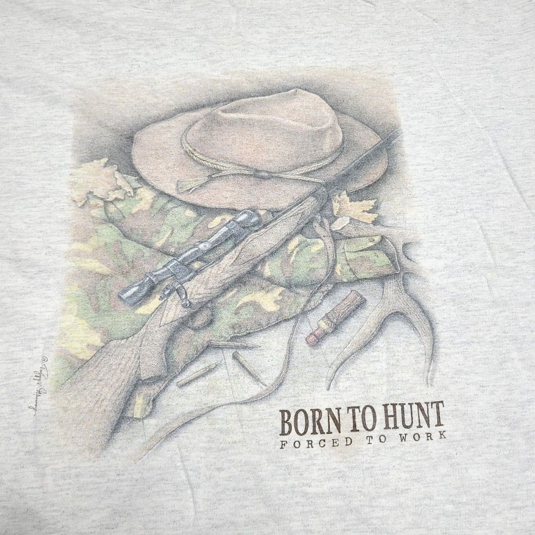 Tultex VINTAGE Shirt Mens XL Heather Gray 90's Born To Hunt Forced To Work Size US XL / EU 56 / 4 - 2 Thumbnail