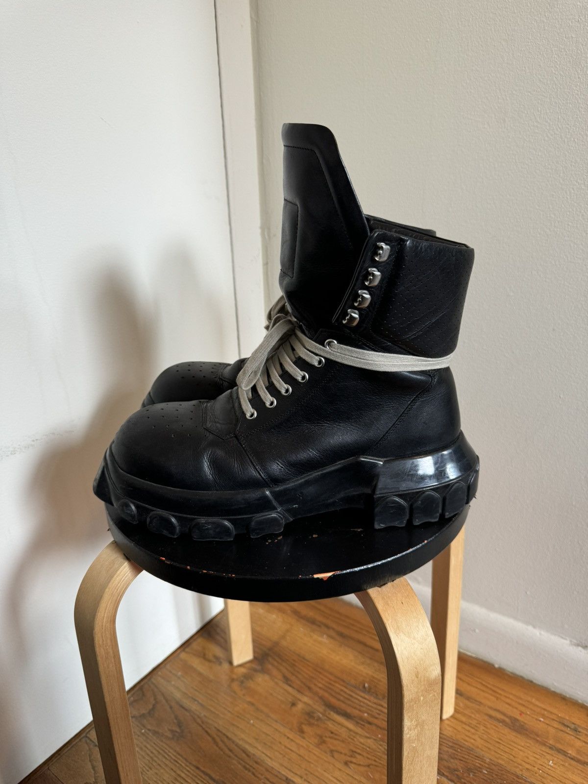 Pre-owned Rick Owens Leather Tractor Boots In Black