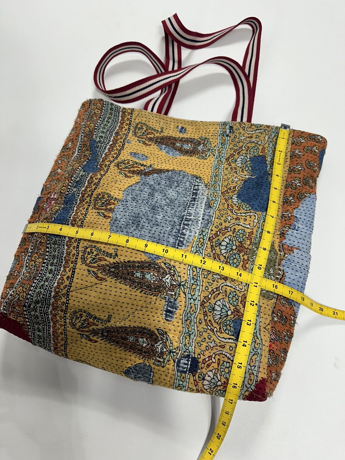 Handmade Custom Made Distressed denim Patchwork Boro Paisley tote bag Size ONE SIZE - 12 Thumbnail