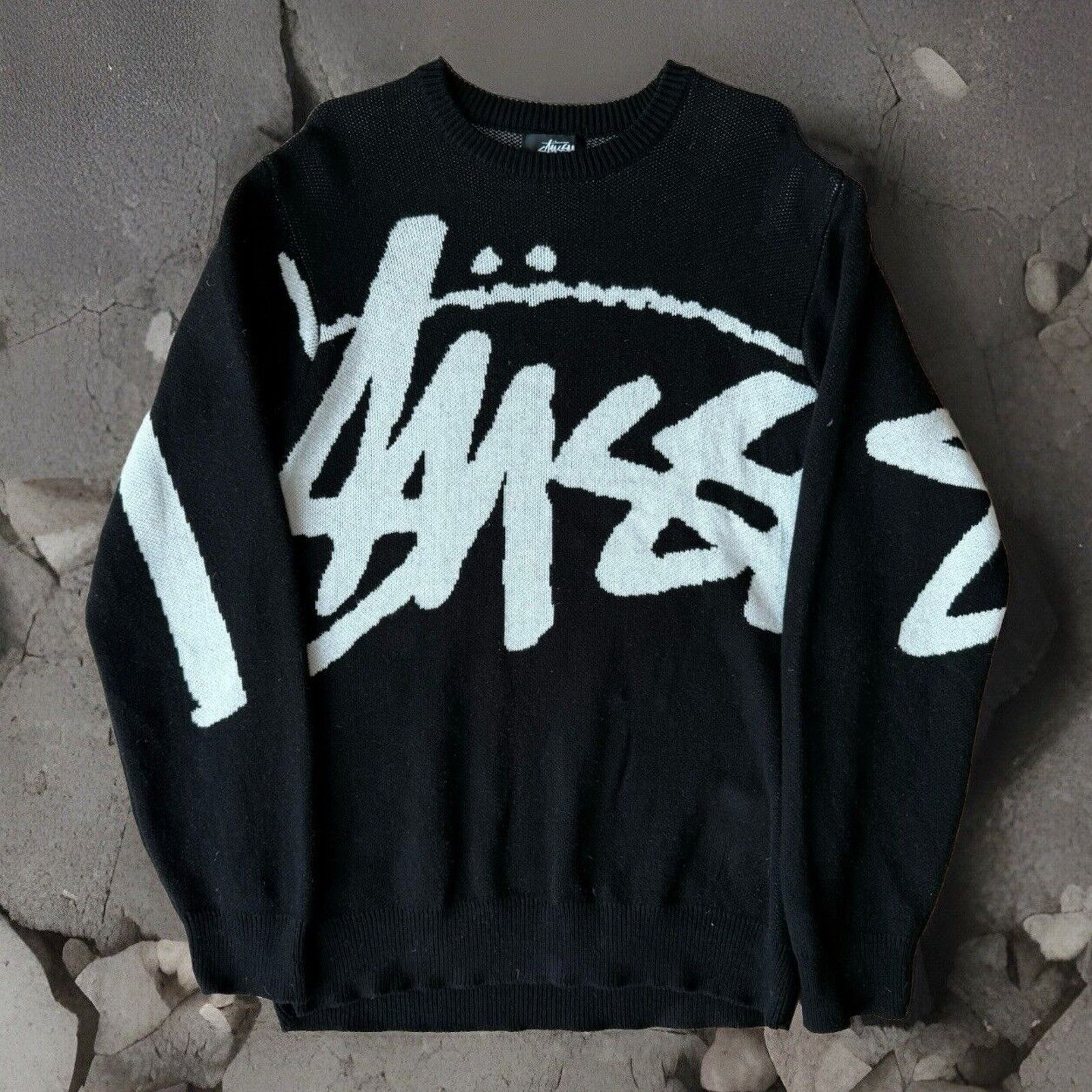 Streetwear × Stussy Stussy Stock Knit Sweater Black White Big Logo  Streetwear | Grailed