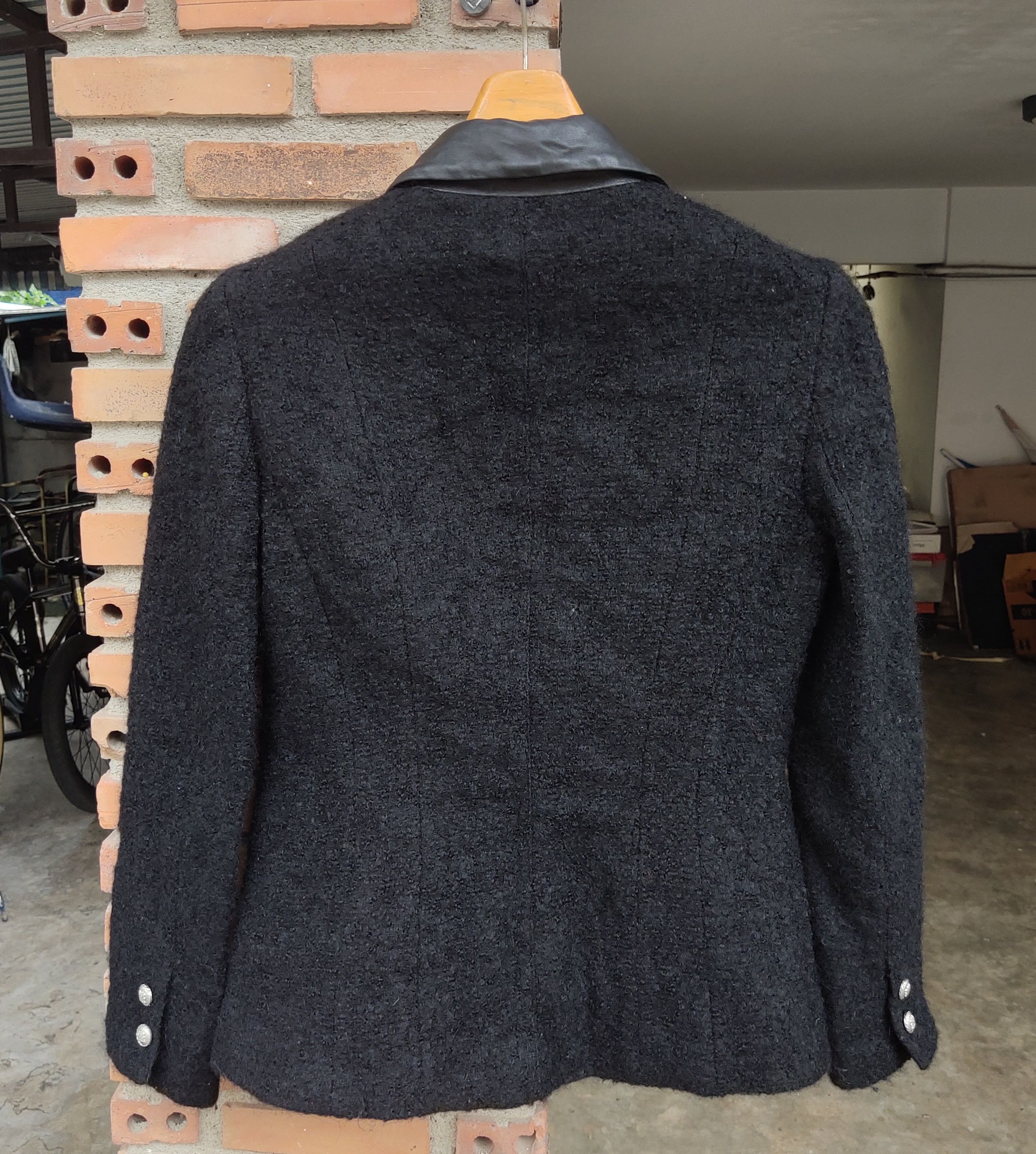 Designer (J443) Moiselle HK Black Wool Leather Notch Lapel Jacket Size S / US 4 / IT 40 - 8 Thumbnail