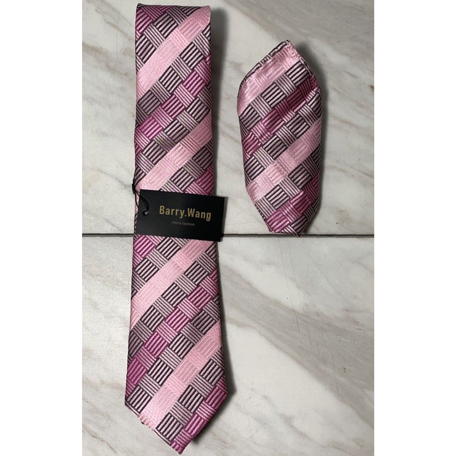 Vintage Barry Wang Designer Tie Set Men's Necktie Handkerchief Gray Pink 100% Silk NEW Size ONE SIZE - 2 Thumbnail