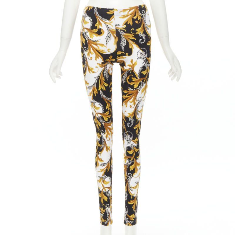 new VERSACE Barocco Acanthus black gold Signature floral legging pants IT38 XS