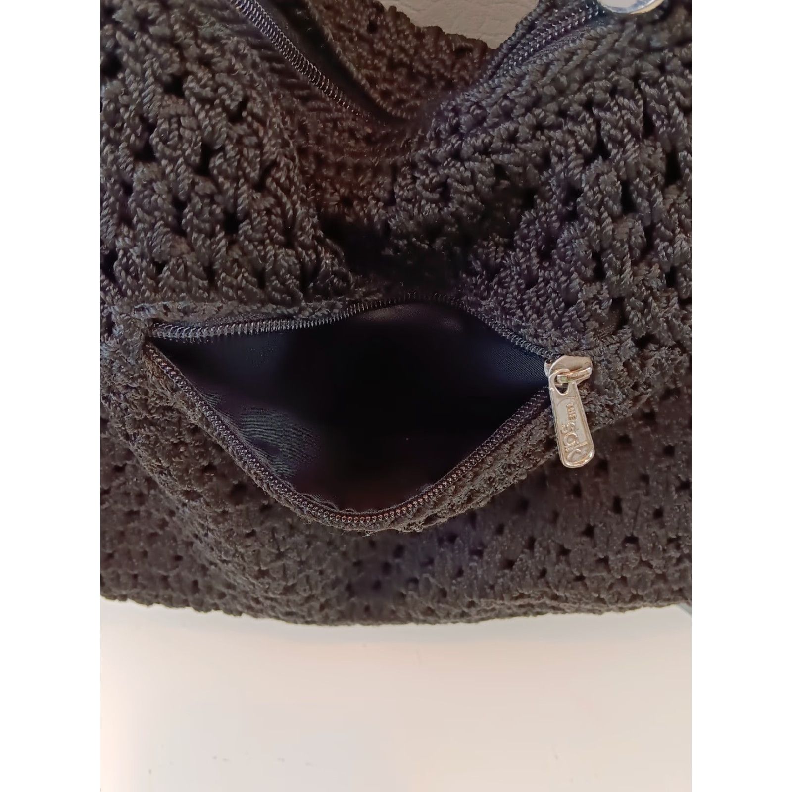 The Sak The Sak Crochet Handbag Black Purse Top Handle Bag Medium 12in x 10in Zip Lined Inner Pockets Double Handles Silver Hardware Womens Size ONE SIZE - 5 Thumbnail