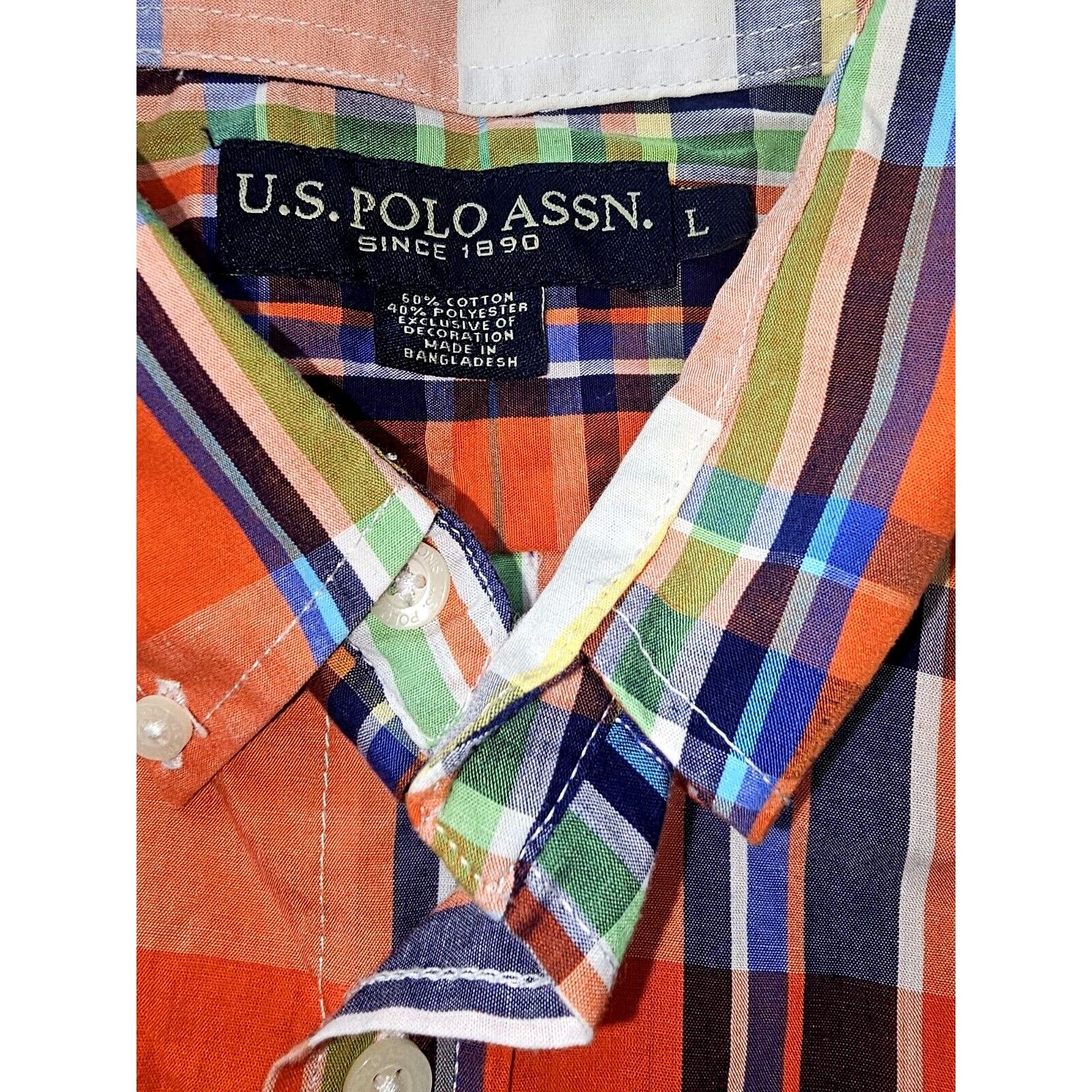 U.S. Polo Assn. US Polo Assn Mens Large Orange Blue Plaid Short Sleeve Size US L / EU 52-54 / 3 - 6 Thumbnail