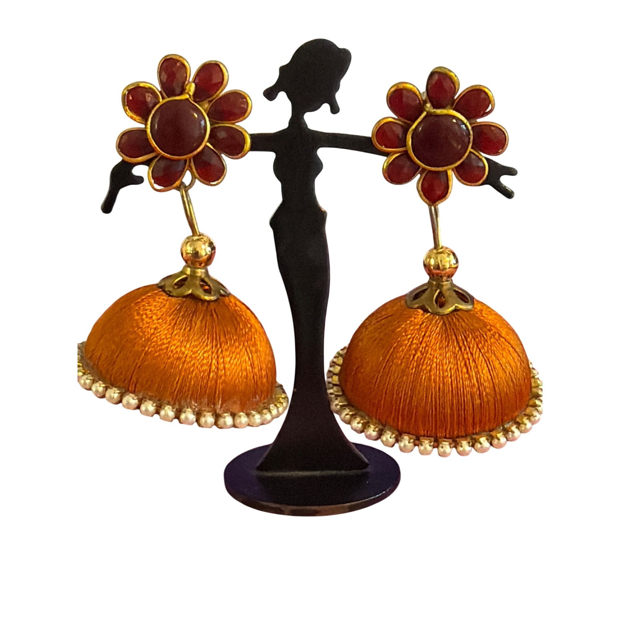 Other Vintage Orange Silk Thread Jhumka Earrings Red Floral Bolly Size ONE SIZE - 1 Thumbnail