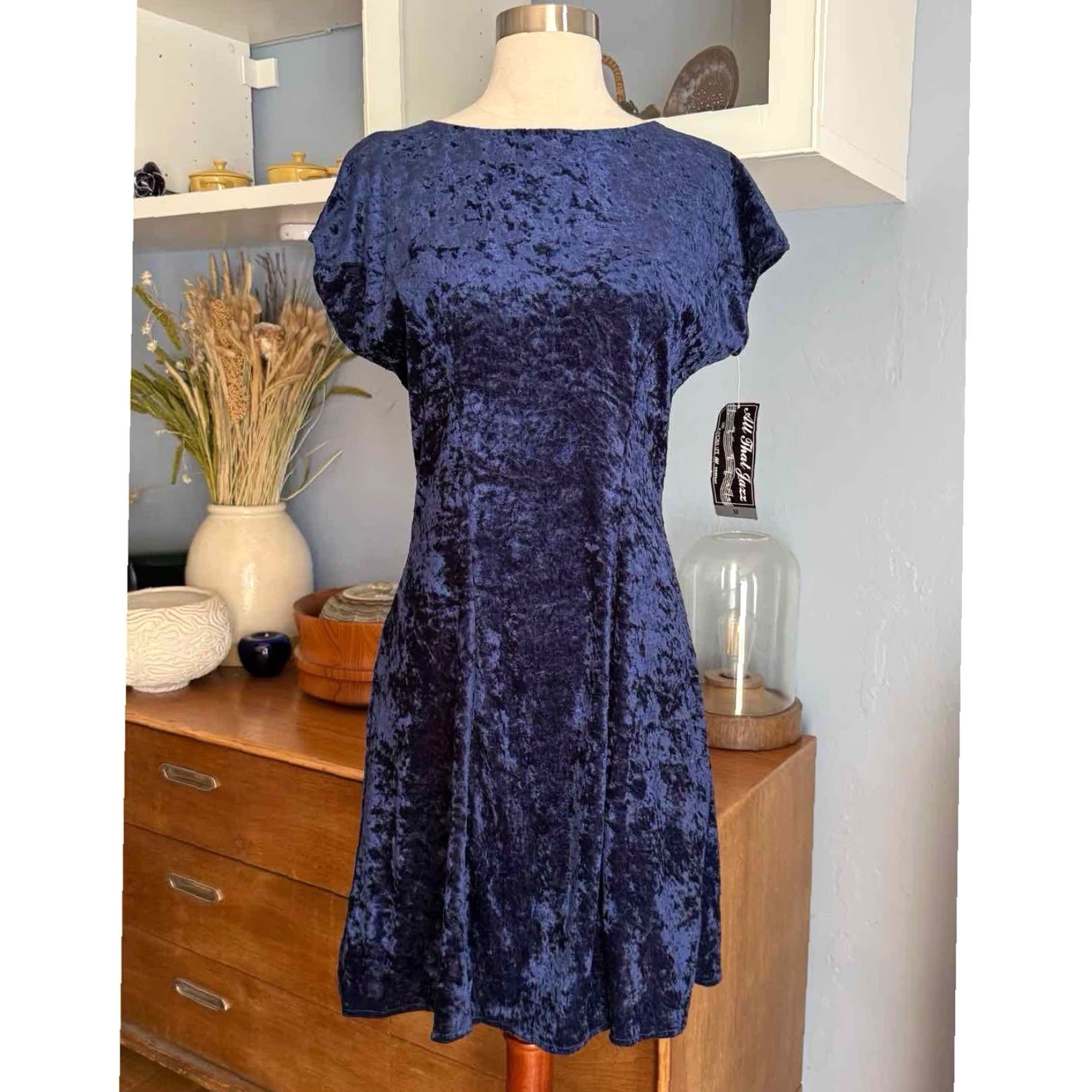Vintage VINTAGE All That Jazz Dress Whimsygoth 90s Blue Crushed Velvet Mini Fit & Flare Short Sleeve Size M / US 6-8 / IT 42-44 - 2 Thumbnail