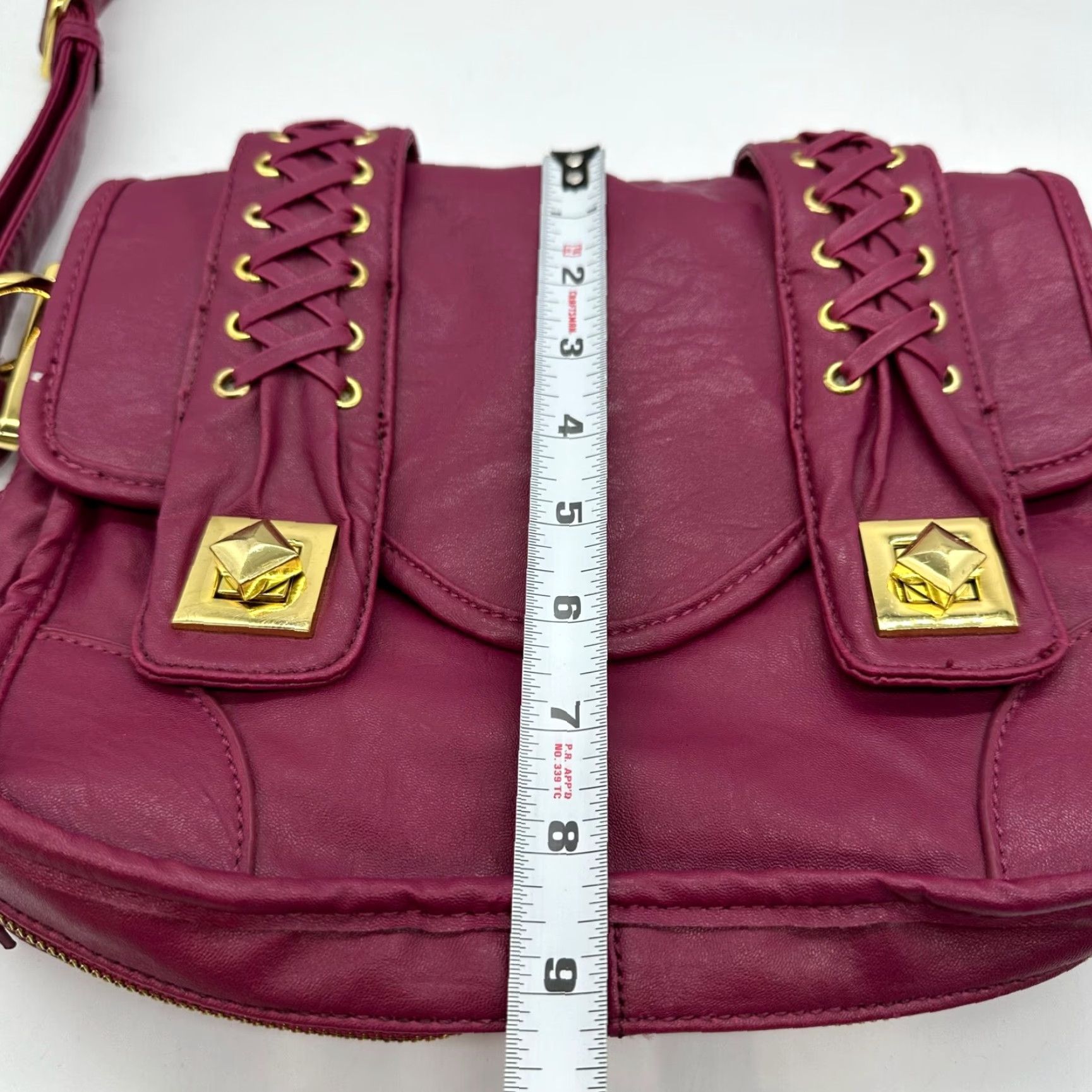 Vintage RJ Womens Crossbody Bag Purse Pink Magenta Gold Laced Faux Leather Fold Over Crossbody Size ONE SIZE - 2 Thumbnail