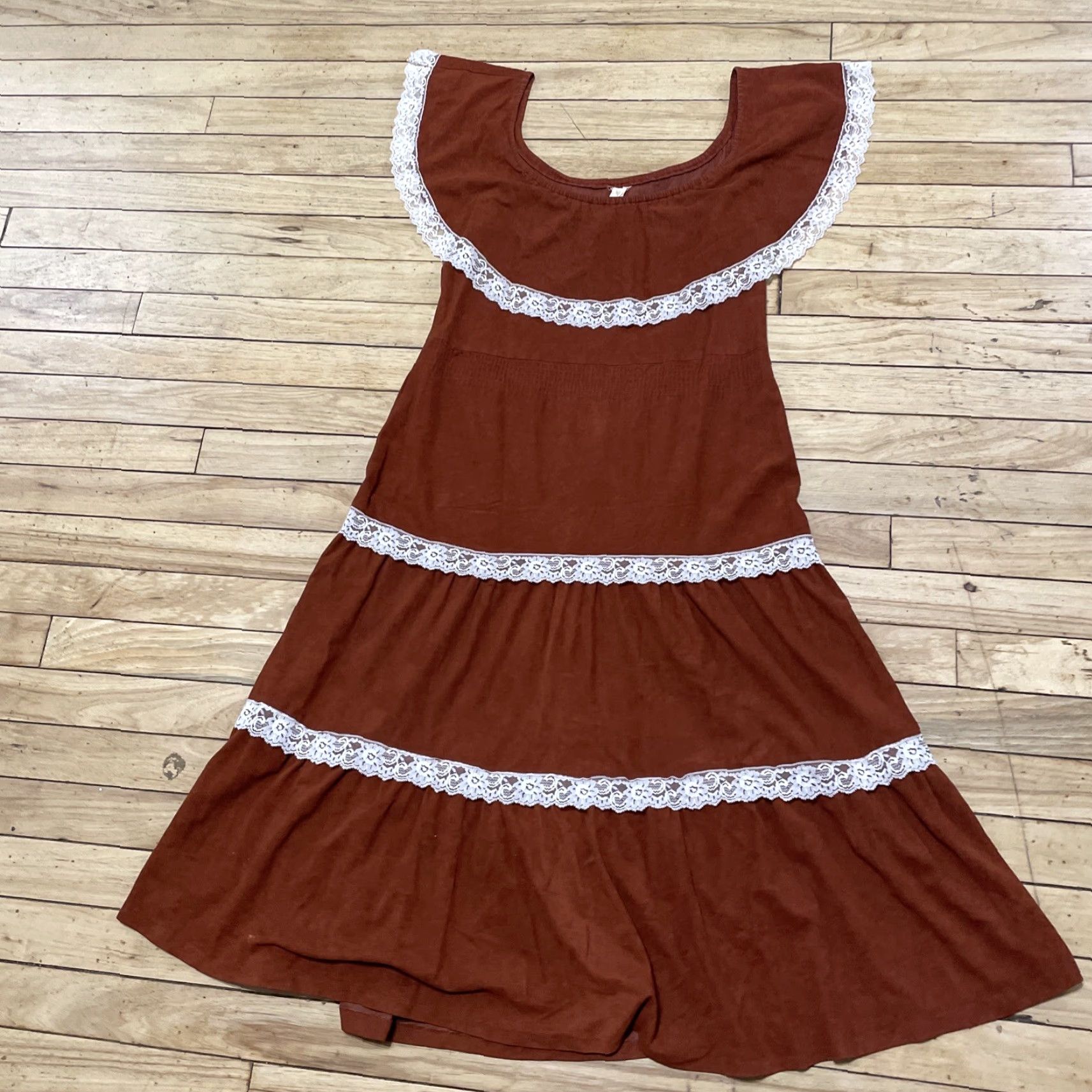 Vintage VINTAGE Cream Tiered Peasant Dress Women 6 Brown Cream Lace Boho Western Lagenlook 90s Dress Womens Size M / US 6-8 / IT 42-44 - 3 Thumbnail