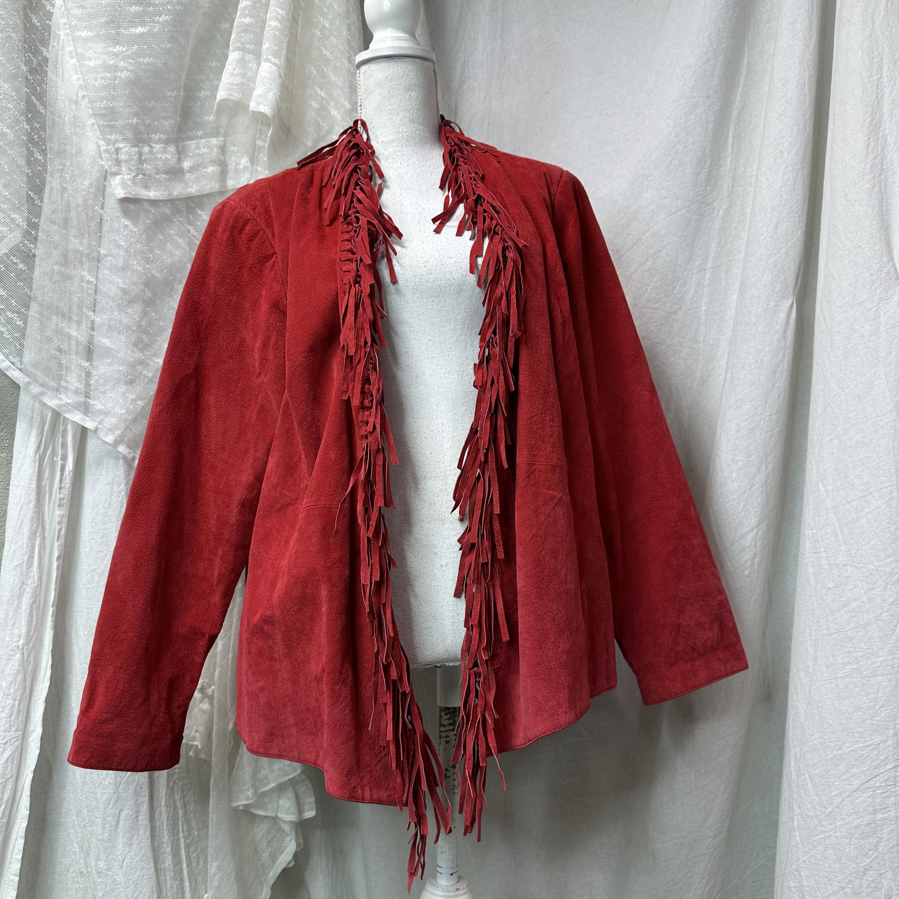 Vintage Vintage Leather Cherry Red Fringe Jacket Y2K Size XL / US 12-14 / IT 48-50 - 2 Thumbnail
