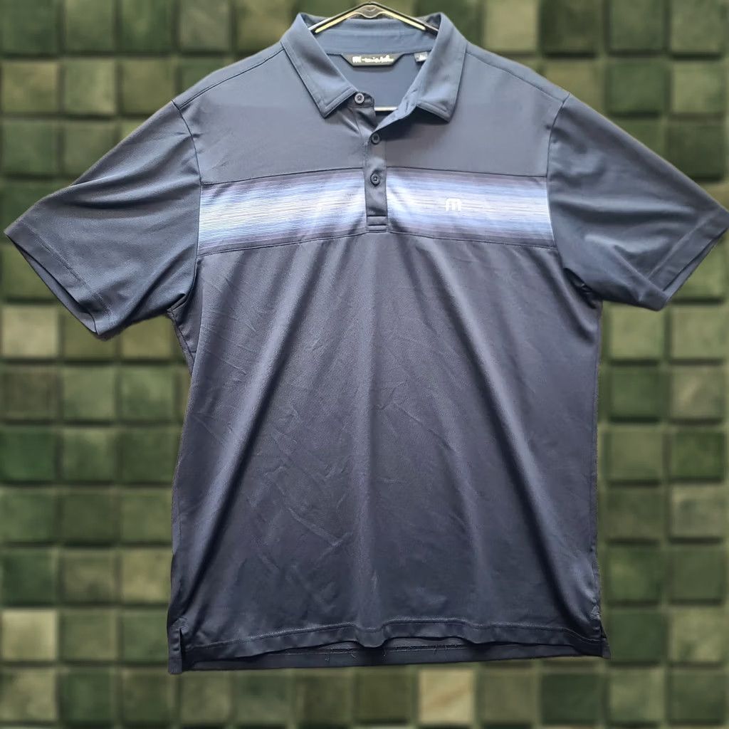TravisMathew Travis Mathew Polo Mens L Golf Performance Stretch Placket Short Sleeve Knit Polo Shirt Blue Spandex Polyester Logo Regular Fit Collection Size US L / EU 52-54 / 3 - 1 Thumbnail