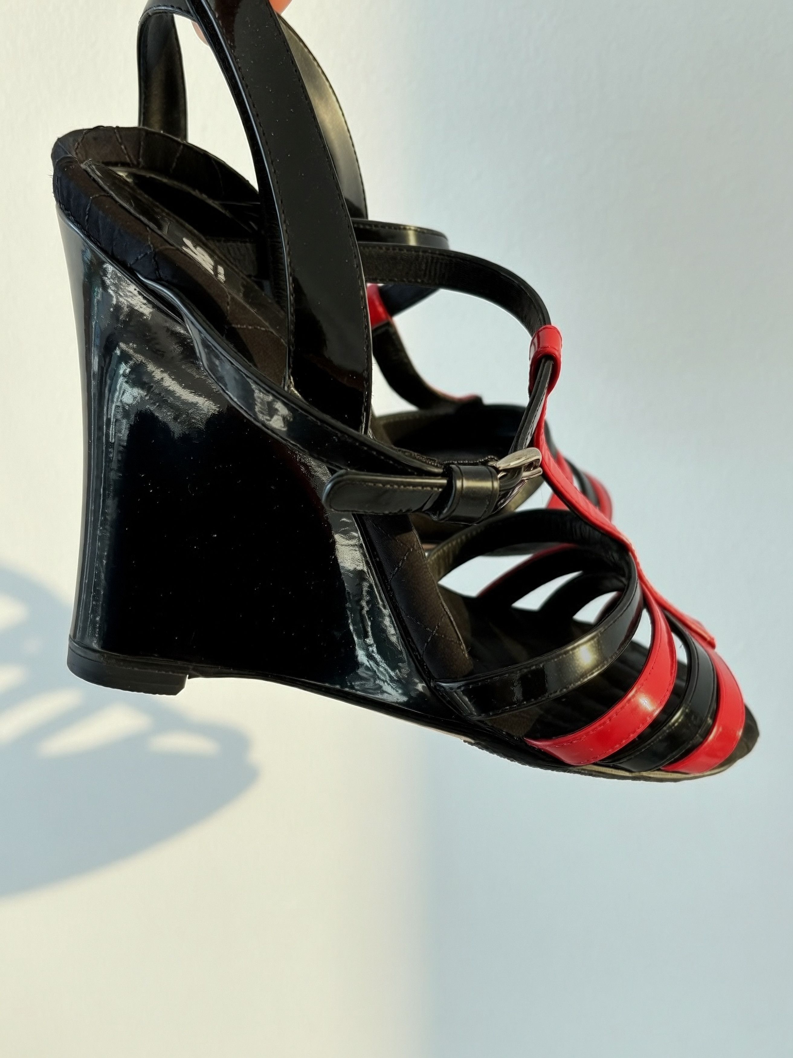 Dolce & Gabbana D&G Dolce & Gabbana Red Black Patent Leather Wedge Sandals Size US 7.5 / IT 37.5 - 6 Thumbnail