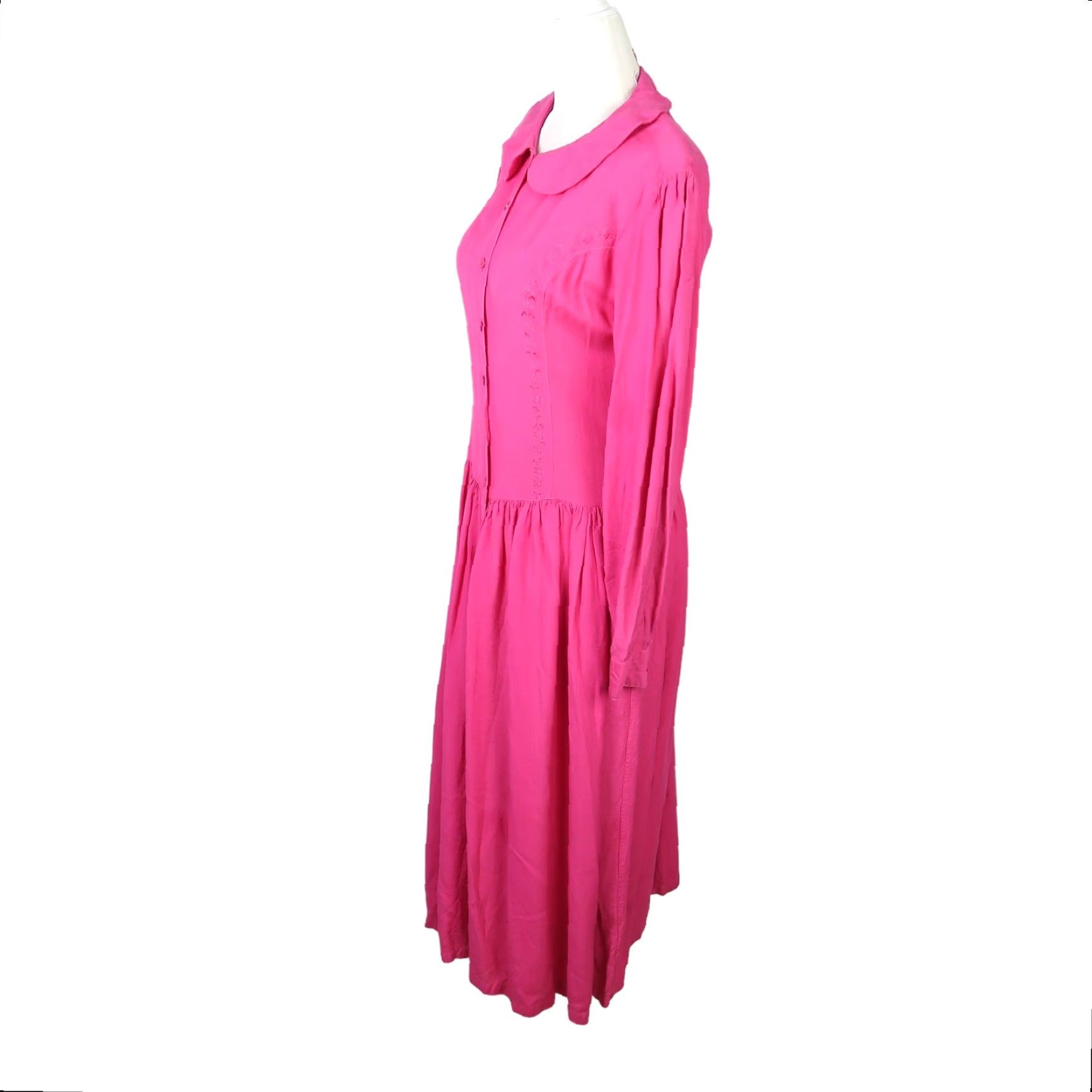 Vintage VINTAGE Passports Dress Collared Midi A-Line Drop Waist Hot Pink Long Sleeve Rayon 80s L Womens Size L / US 10 / IT 46 - 3 Thumbnail