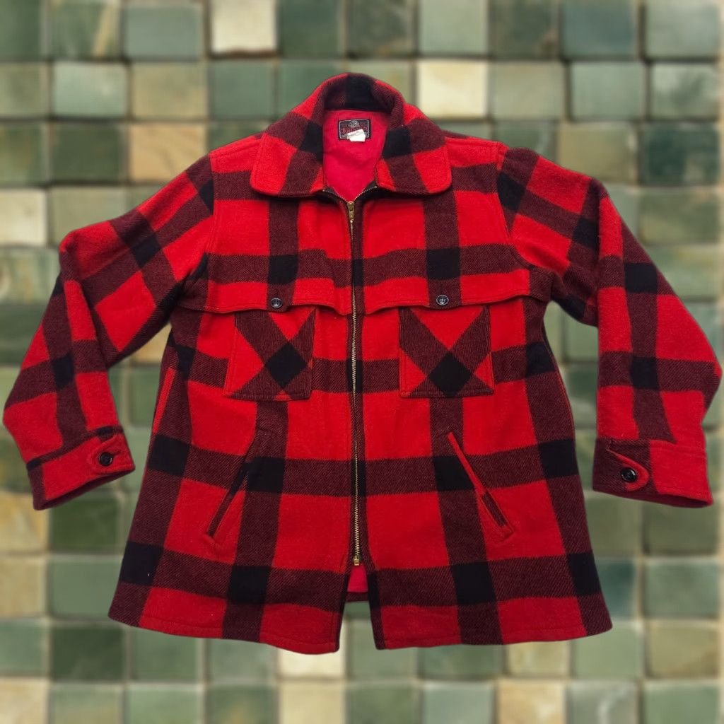 Vintage Johnson Woolen Mills Hunting Coat Size 46 Wool Plaid Zip