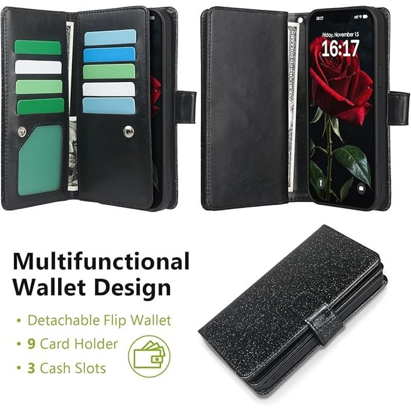 Other iPhone 16 Pro Black Glitter Phone Case W Detachable Wallet Size ONE SIZE - 9 Thumbnail