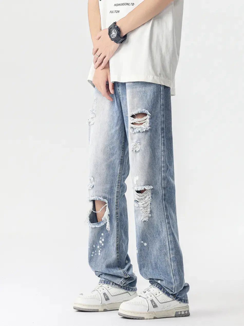 Japanese Brand Retro loose splashed ink straight leg ripped jeans Size US 32 / EU 48 - 2 Thumbnail