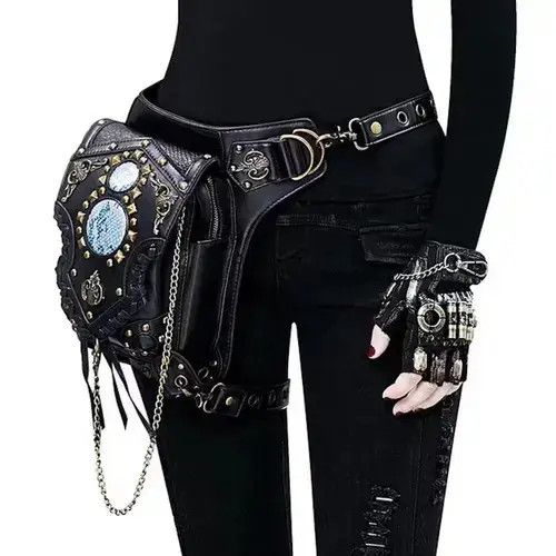 Leather Drop Leg Bag Steampunk Retro Rock Waist Belt Bag Size ONE SIZE - 1 Thumbnail