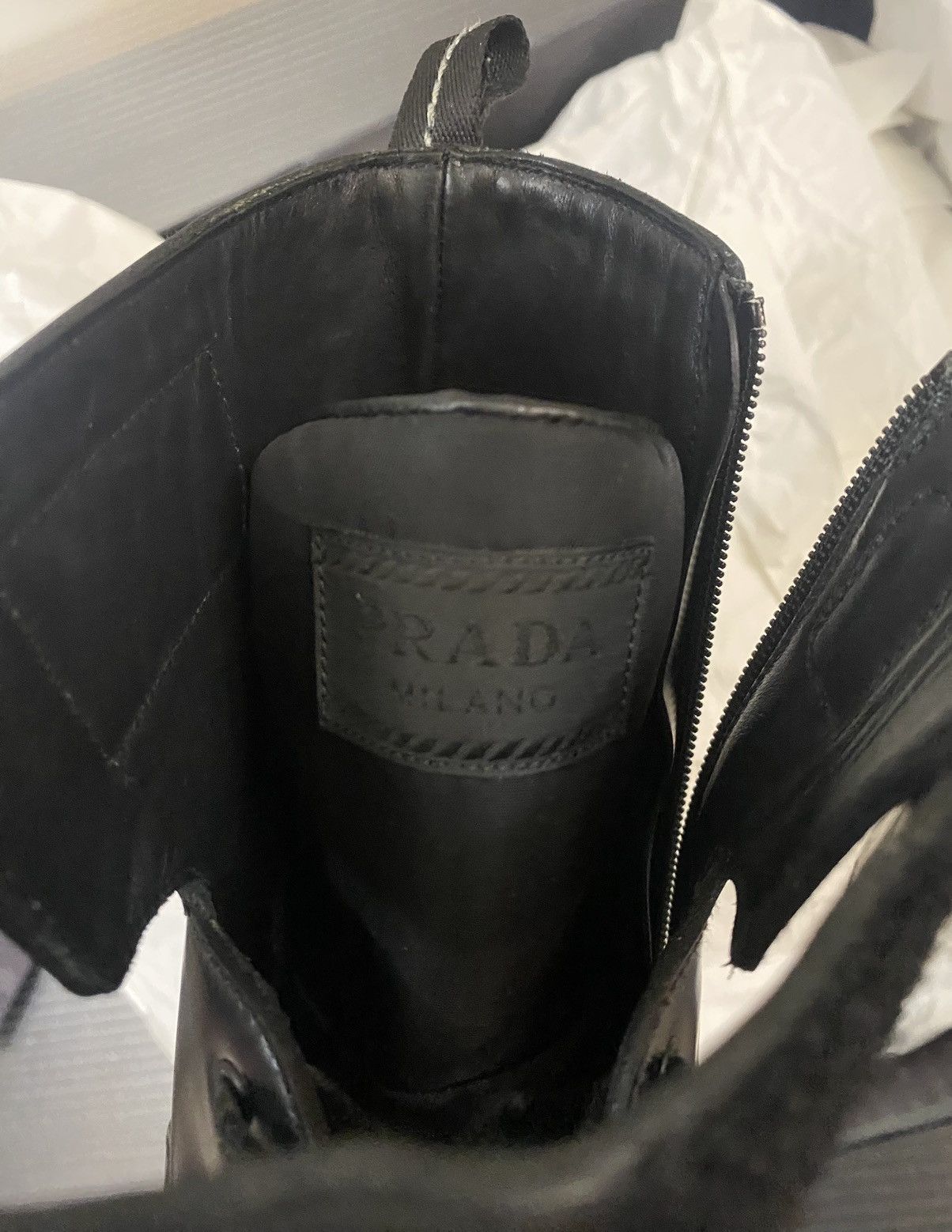 Prada Prada 🇮🇹 black calf side zip top collar combat boots 10 NEW Size US 10 / EU 43 - 14 Thumbnail