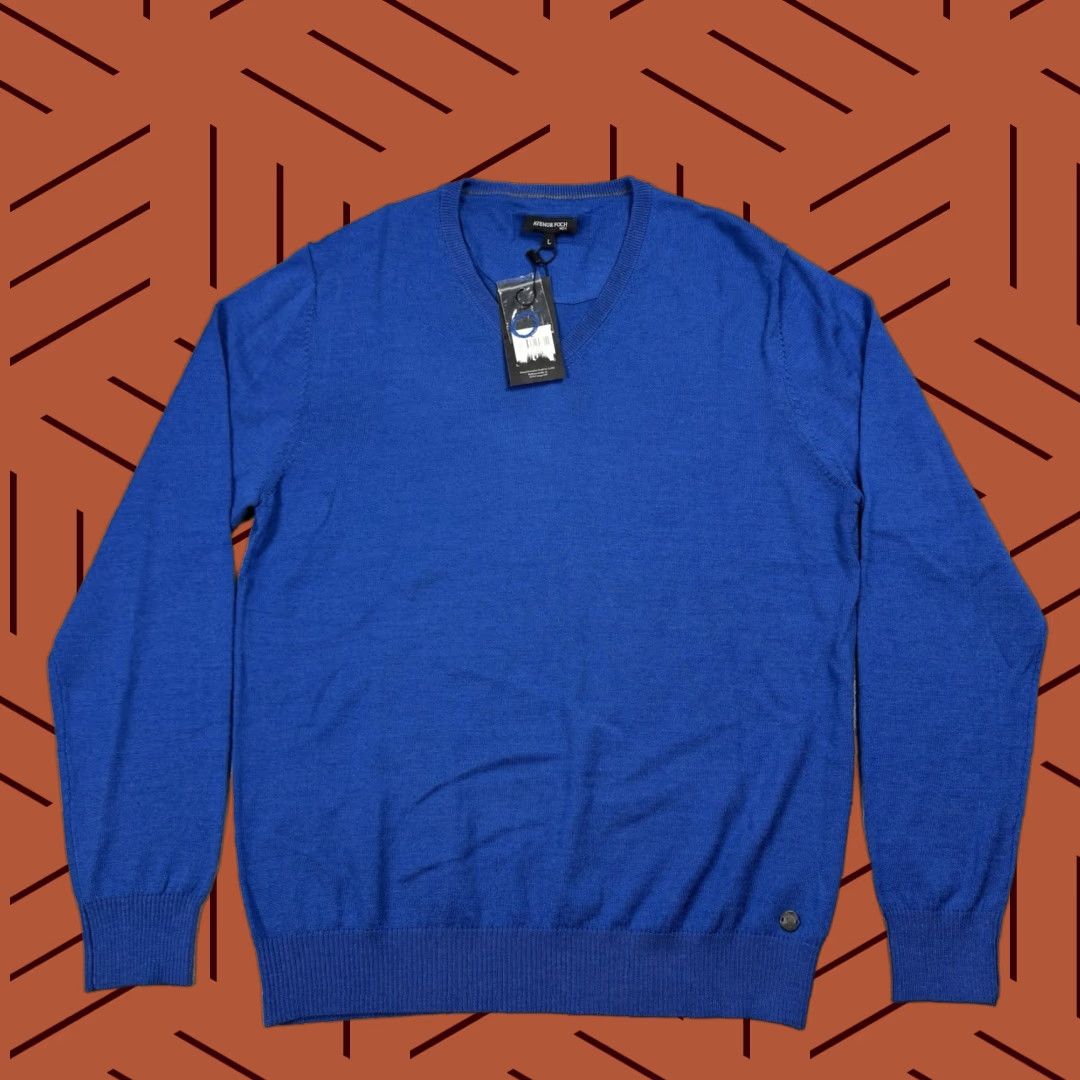 AVENUE FOCH Merino Wool Pullover Sweater V-Neck Blue Large Mens Classic Preppy