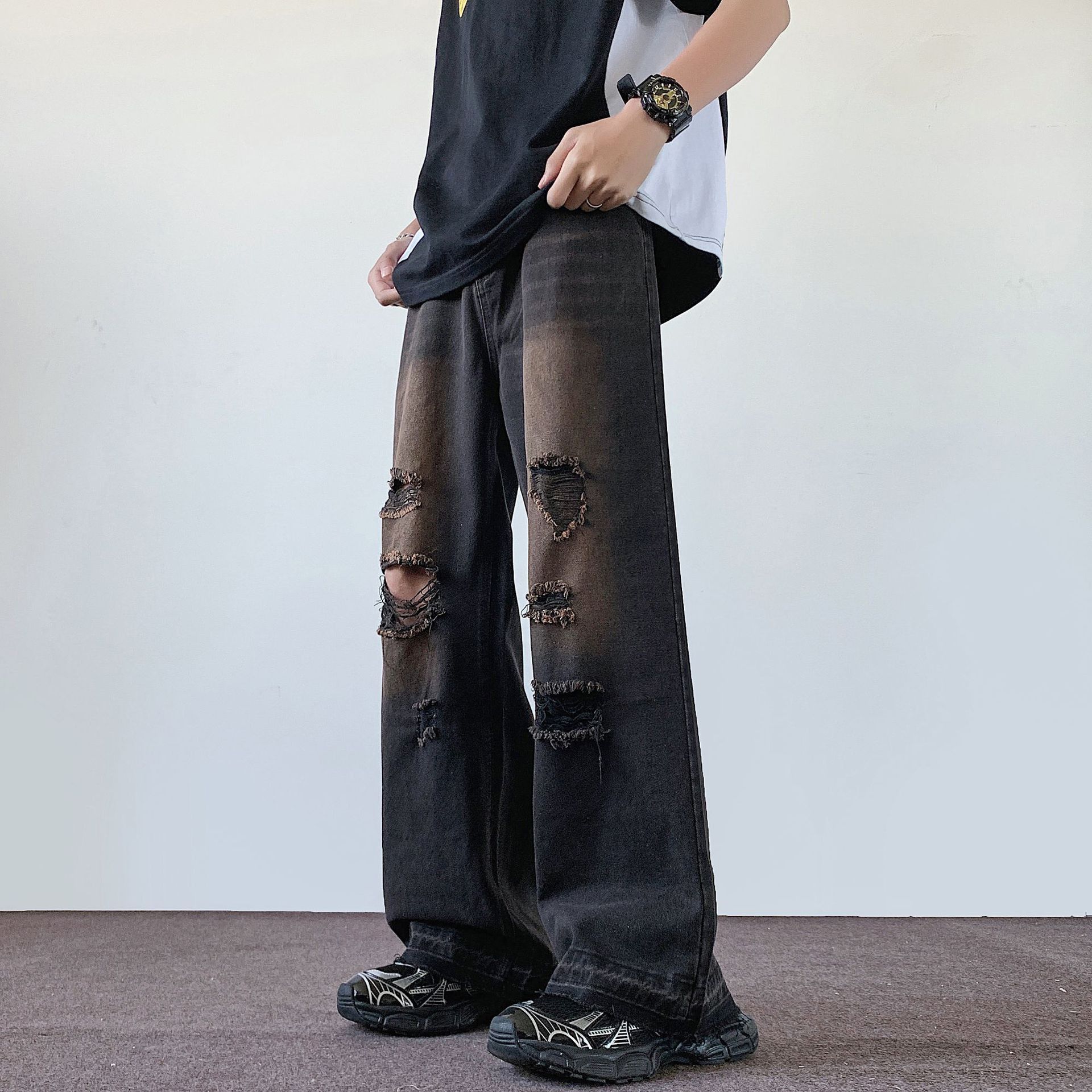 Japanese Brand × Jean Retro loose wide leg fringed ripped jeans Size US 32 / EU 48 - 3 Thumbnail