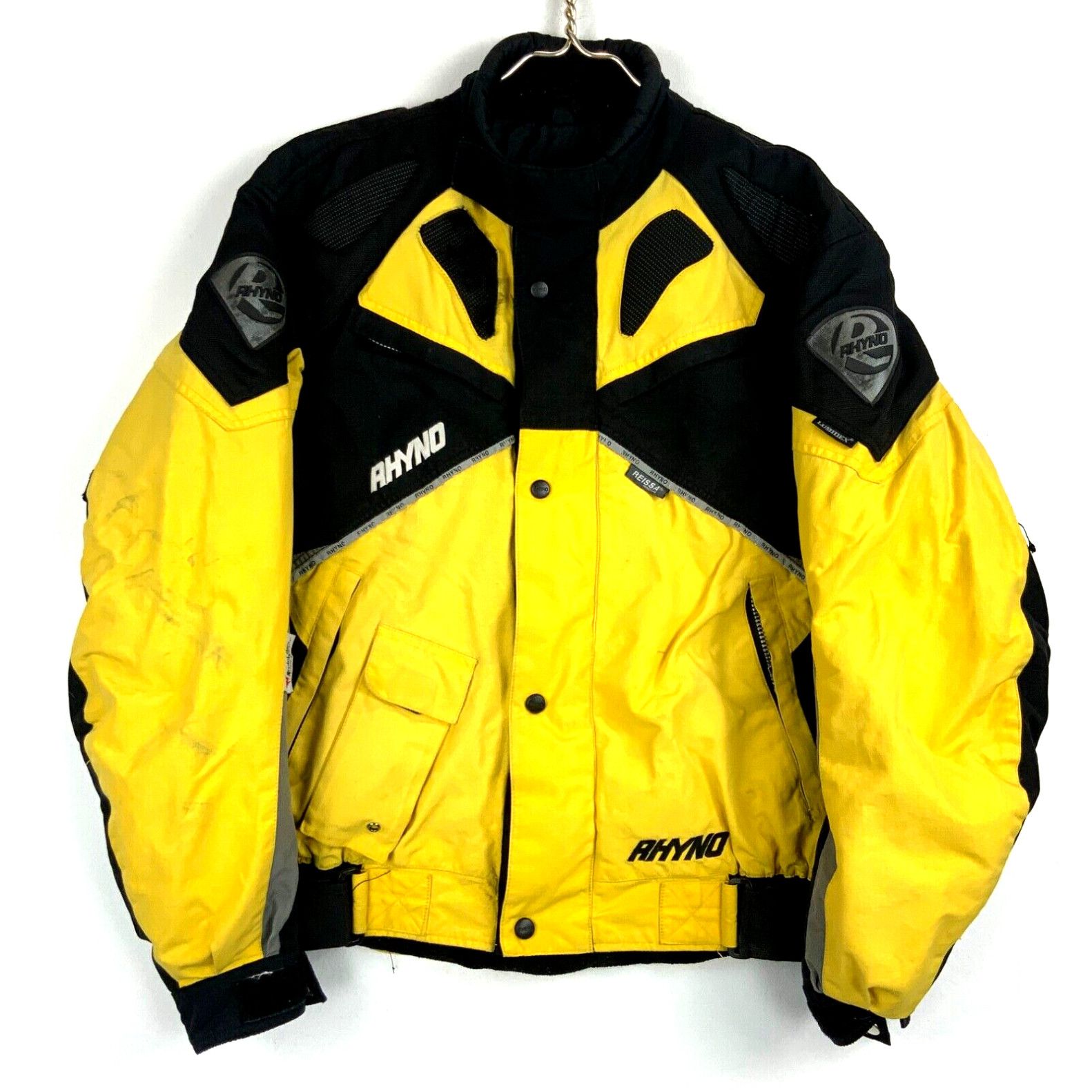 image of Vintage Rhyno Snowmobile Racing Puffer Bomber Jacket Size XL Yellow Insulated in White, Men's