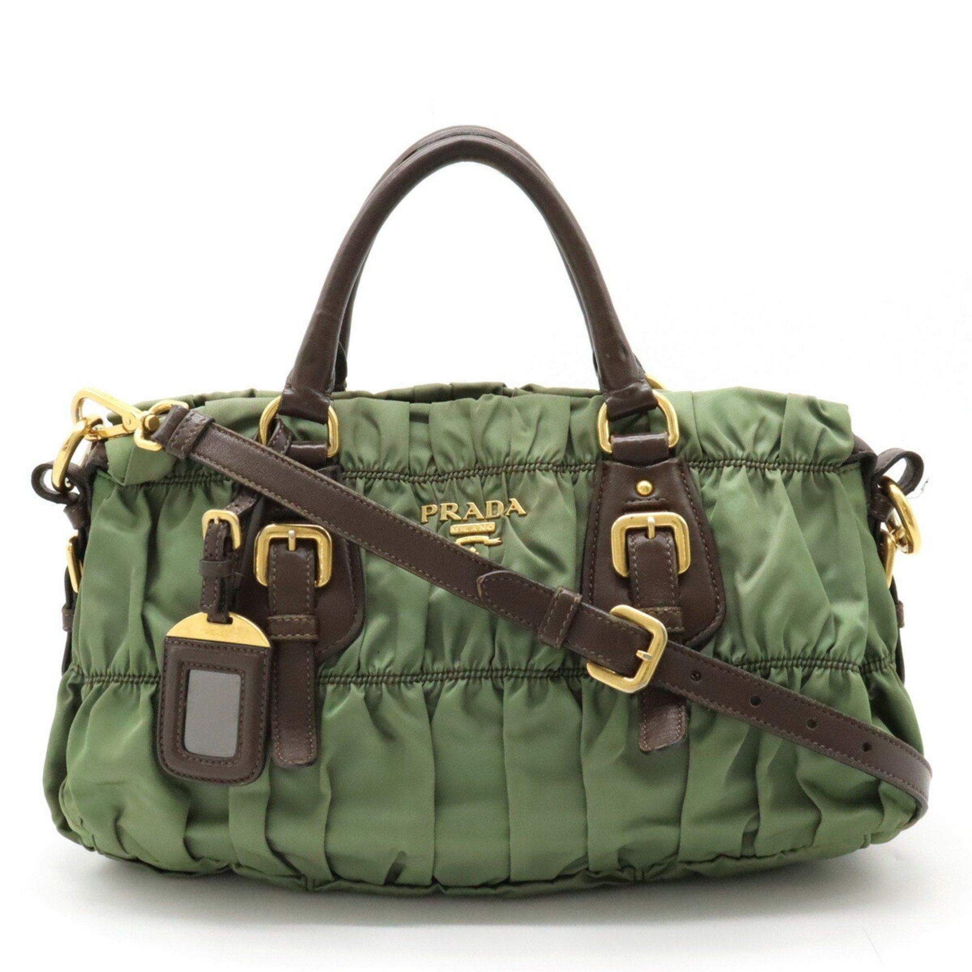 image of Prada Gathered Handbag Tote Bag Shoulder Nylon Khaki Dark Brown Bn1407, Women's
