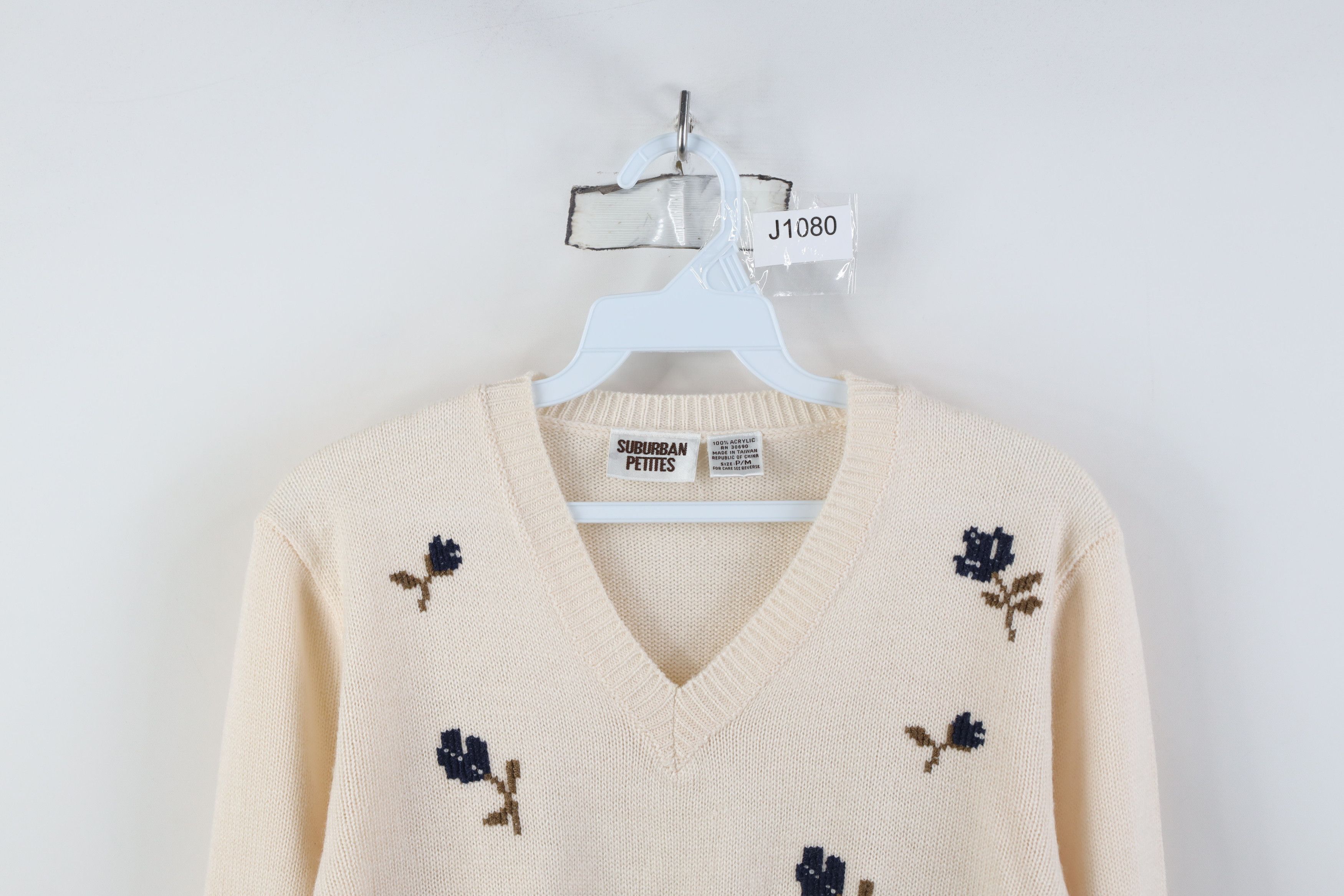 Vintage Vintage 90s Streetwear Needlepoint Flower Ribbed Sweater Size M / US 6-8 / IT 42-44 - 2 Thumbnail