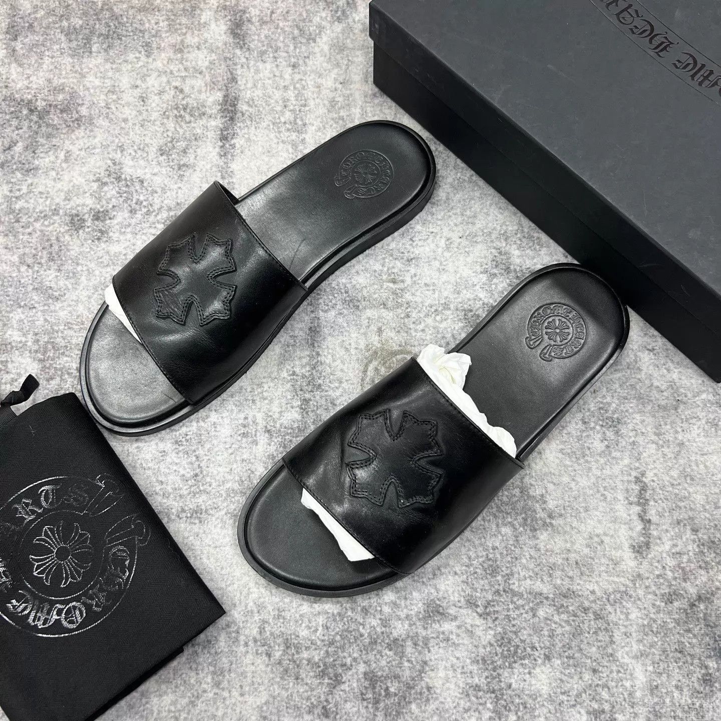 Chrome Hearts Black Leather Slide Sandals with Star Design Size US 12 / EU 45 - 1 Thumbnail