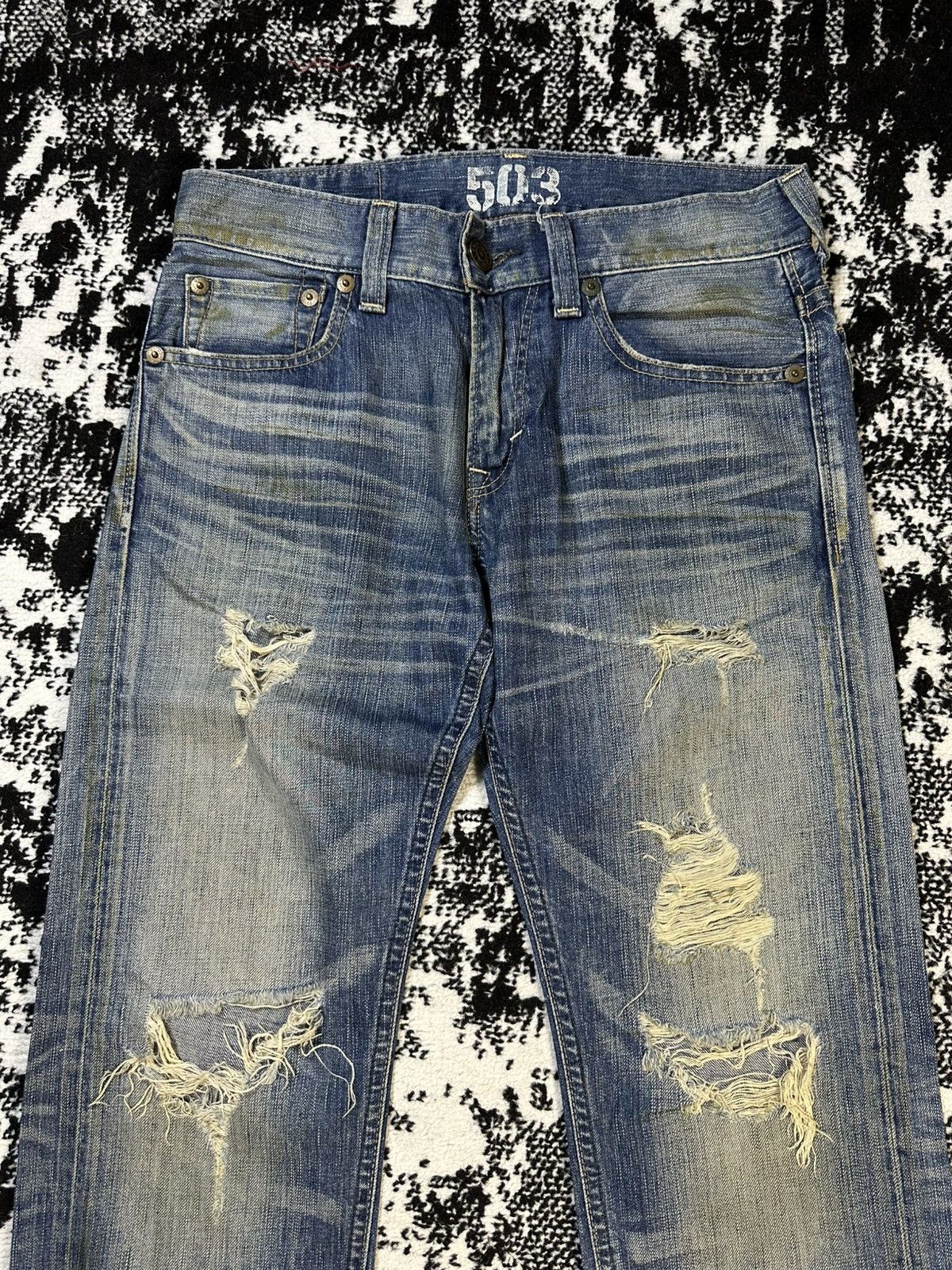 If Six Was Nine 2000s Flare Edwin 503 Blue Trip Distressed Denim Size US 30 / EU 46 - 3 Thumbnail
