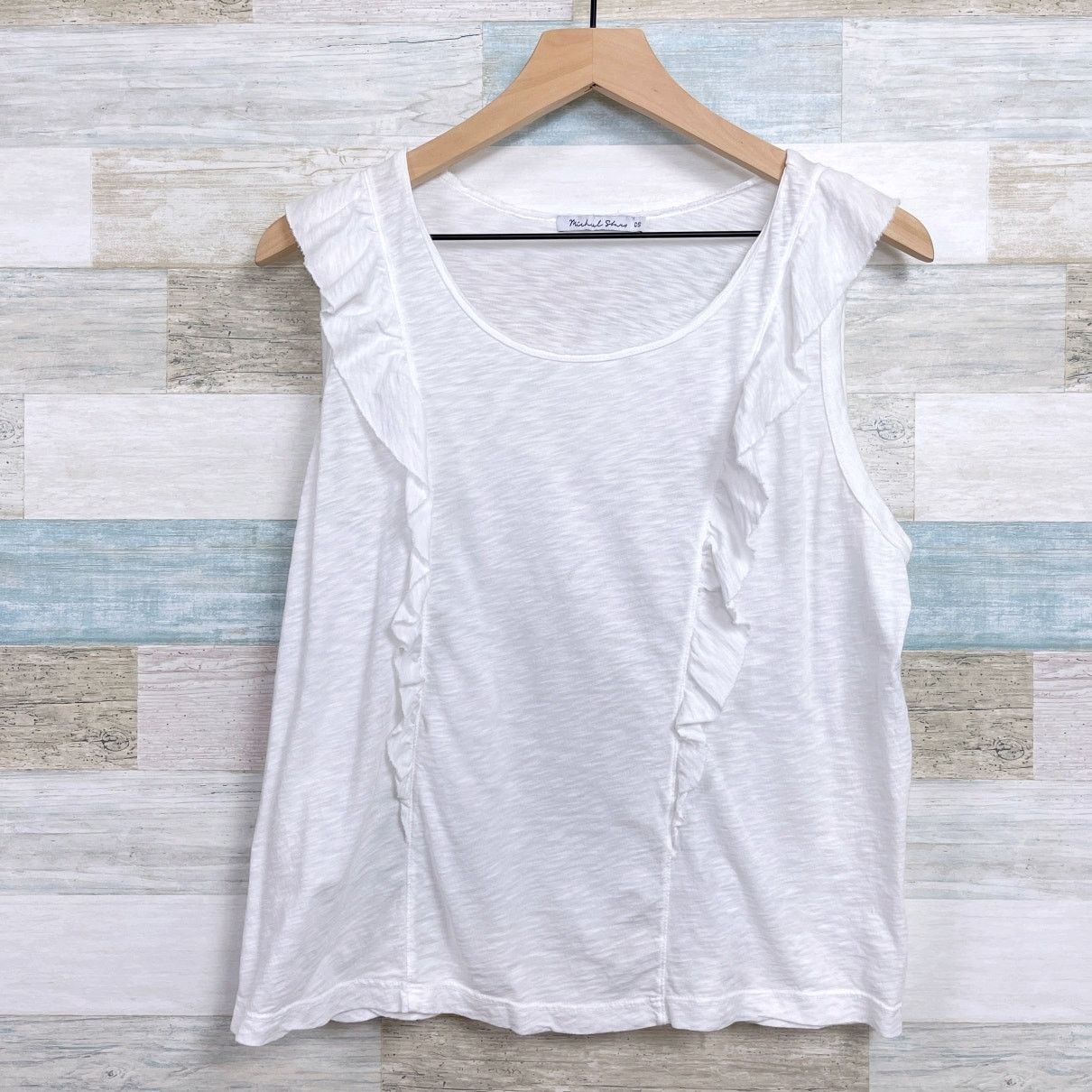 Michael Stars Michael Stars Ruffle Tank Top White Cotton Slub Womens OS Size ONE SIZE - 1 Thumbnail