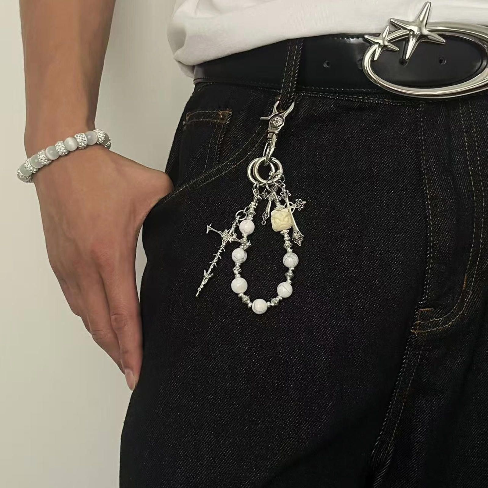 Jewelry Silver Cross Charm Keychains with Beaded Detail Size ONE SIZE - 1 Thumbnail