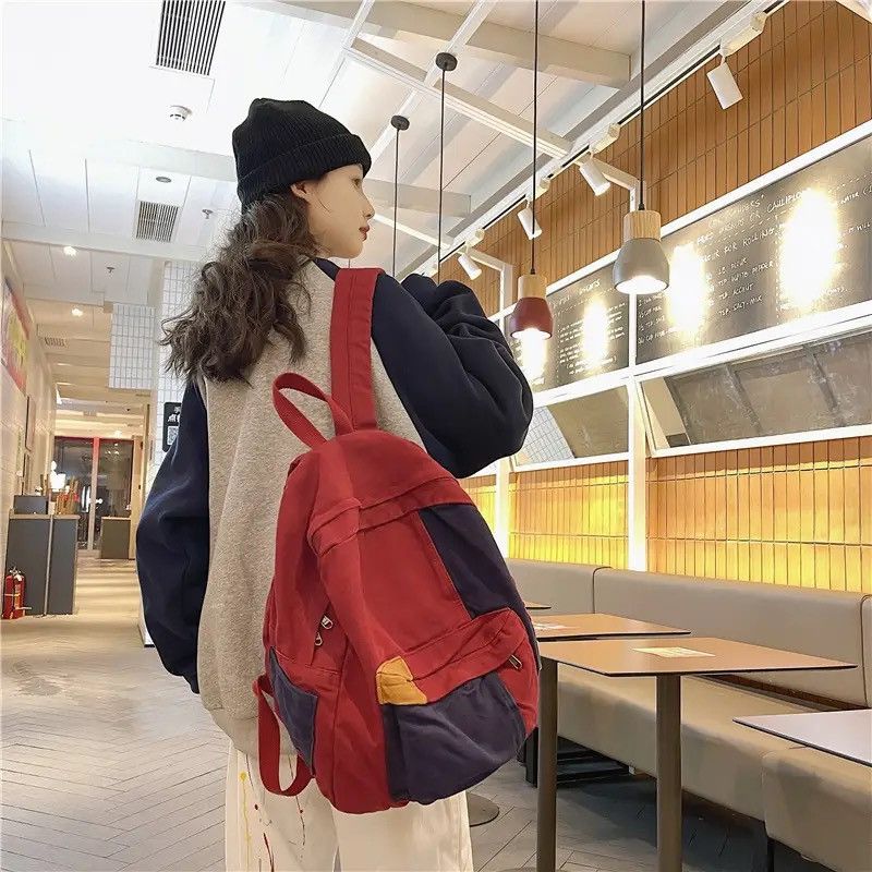 Japanese Brand Fashion patchwork canvas backpack aesthetic y2k school Size ONE SIZE - 3 Thumbnail