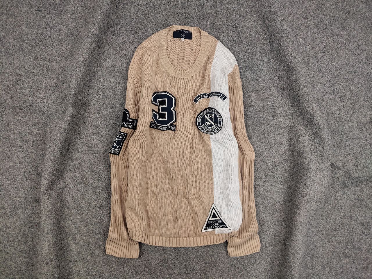 Japanese Brand Vintage 90's Polo Skarpa Sports Knit beige Patchwork Sweater Size US L / EU 52-54 / 3 - 1 Thumbnail