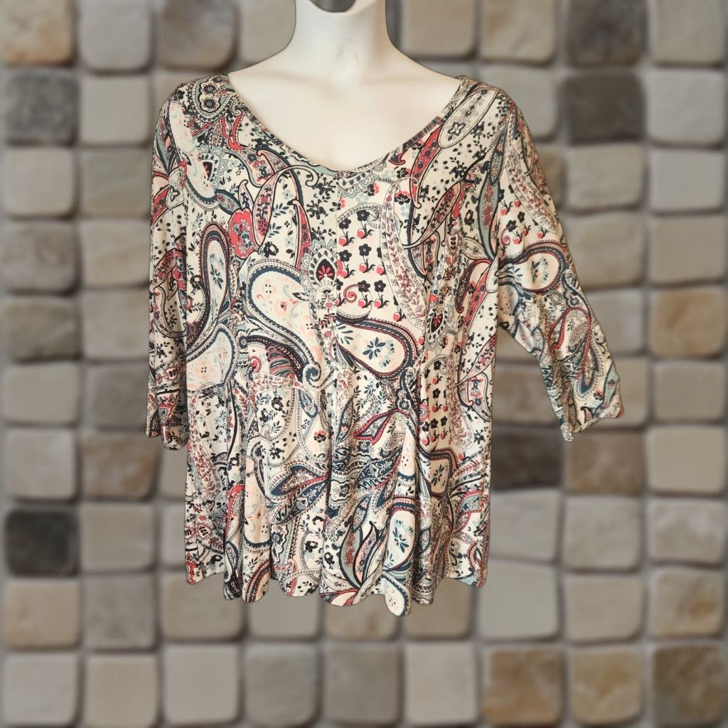 Vintage Roz & Ali White Paisley Floral Print 3/4 Sleeve Tunic Top 2X Plus Woman Blouse Jewelry? Size XXL / US 16-18 / IT 52-54 - 1 Thumbnail