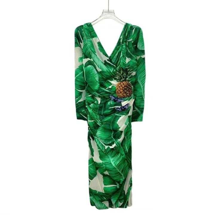 Dolce & Gabbana Dolce Gabbana Green Silk V-neck Dress Size S / US 4 / IT 40 - 1 Thumbnail