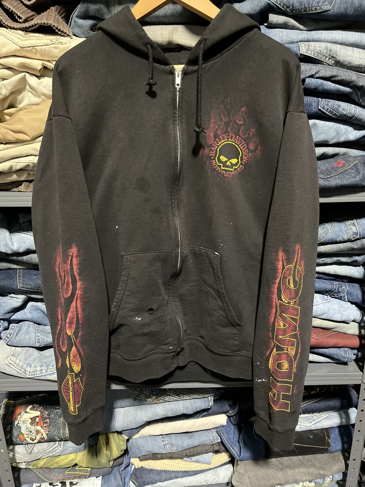 Harley Davidson × Vintage CRAZY Y2K HARLEY DAVIDSON FLAMES SKULL GRUNGE ZIP-UP HOODIE Size US L / EU 52-54 / 3 - 3 Thumbnail