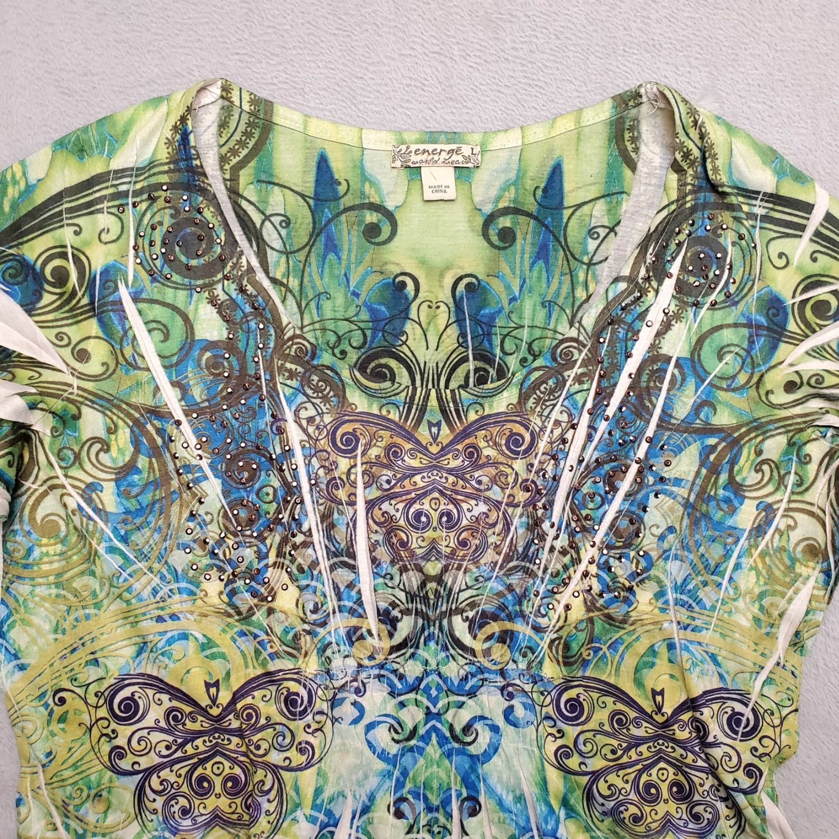 Vintage Energe Top Womens L Green Bohemian Psychedelic 3/4 Sleeve Summer Blouse Mens? Size L / US 10 / IT 46 - 2 Thumbnail