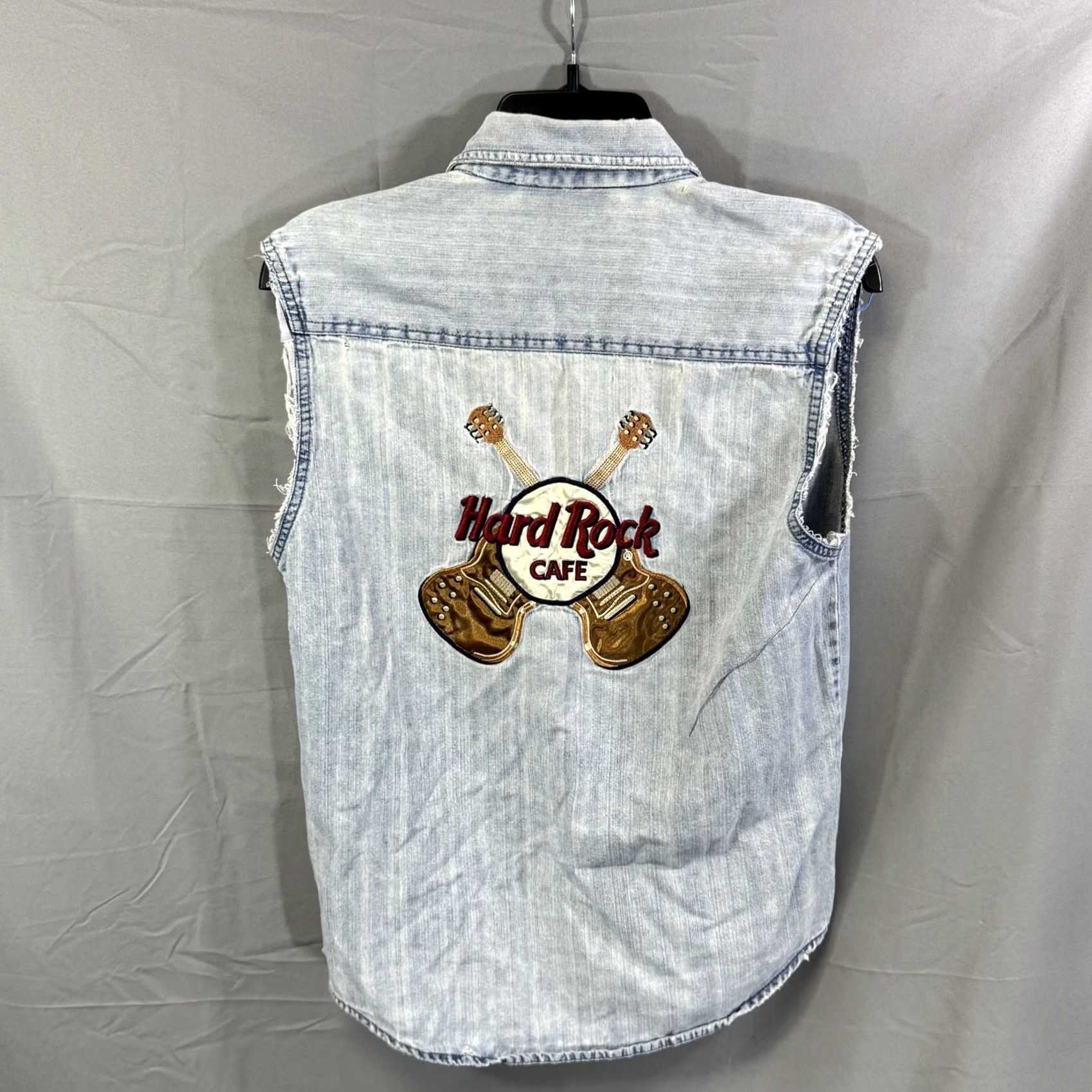 Hard Rock Cafe VINTAGE Hard Rock Cafe Denim Vest Mens M Blue Embroidered 90s Rock Biker Leather? No, Denim vest is fabric. Size US M / EU 48-50 / 2 - 2 Thumbnail