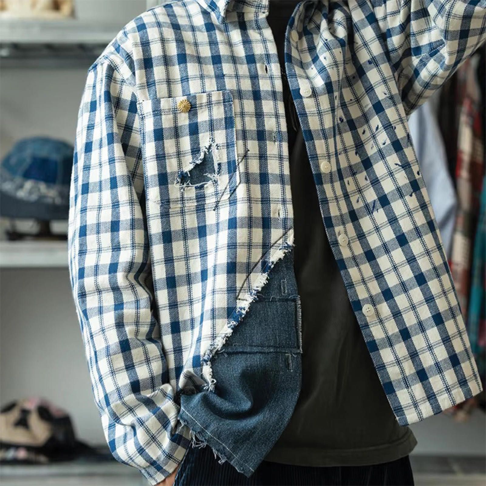 Other Plaid Denim Jean Patchwork Clash Shirt Size US L / EU 52-54 / 3 - 4 Thumbnail