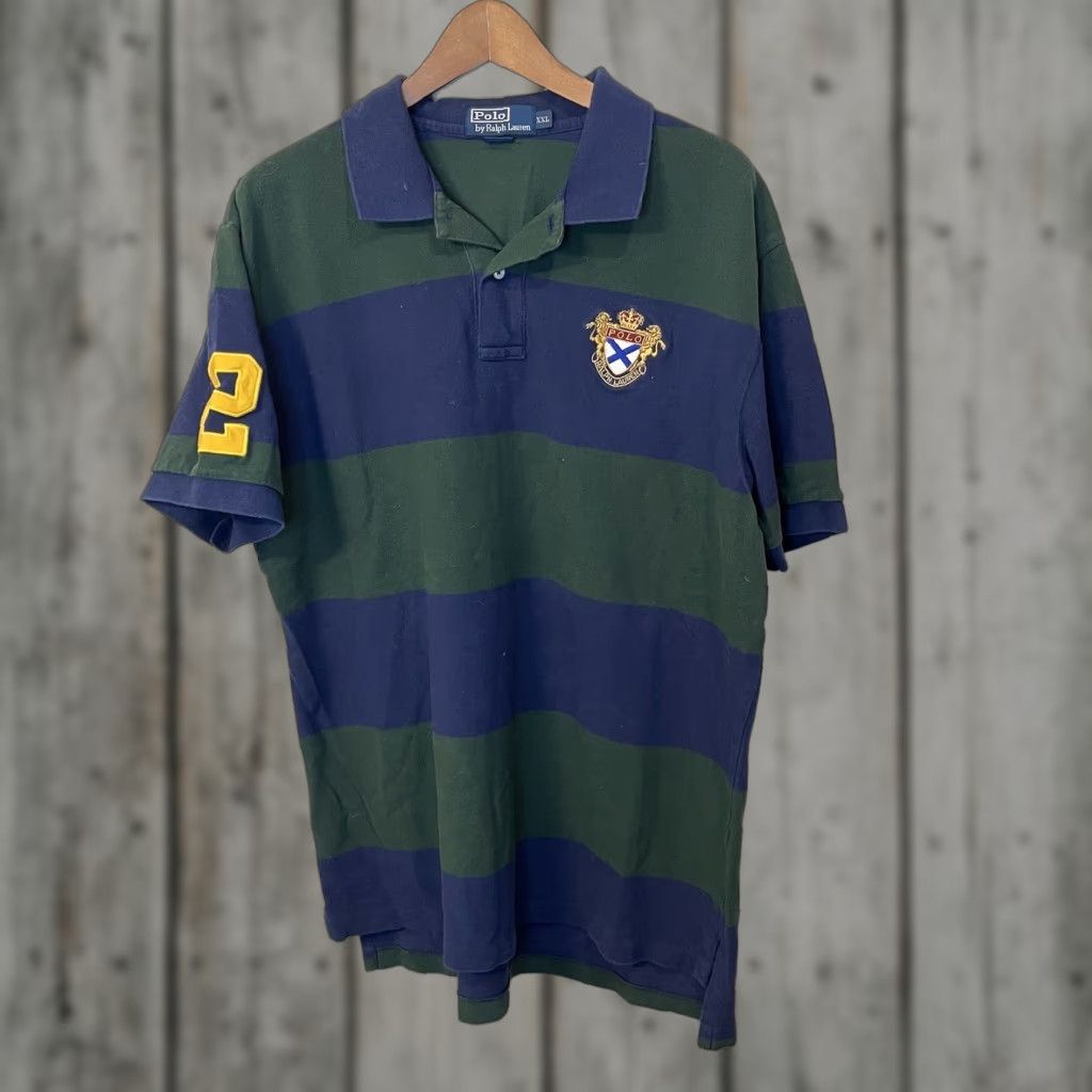 Polo Ralph Lauren Shirt Mens 2XL Striped Crest #3 Navy Blue Short Sleeve Collar