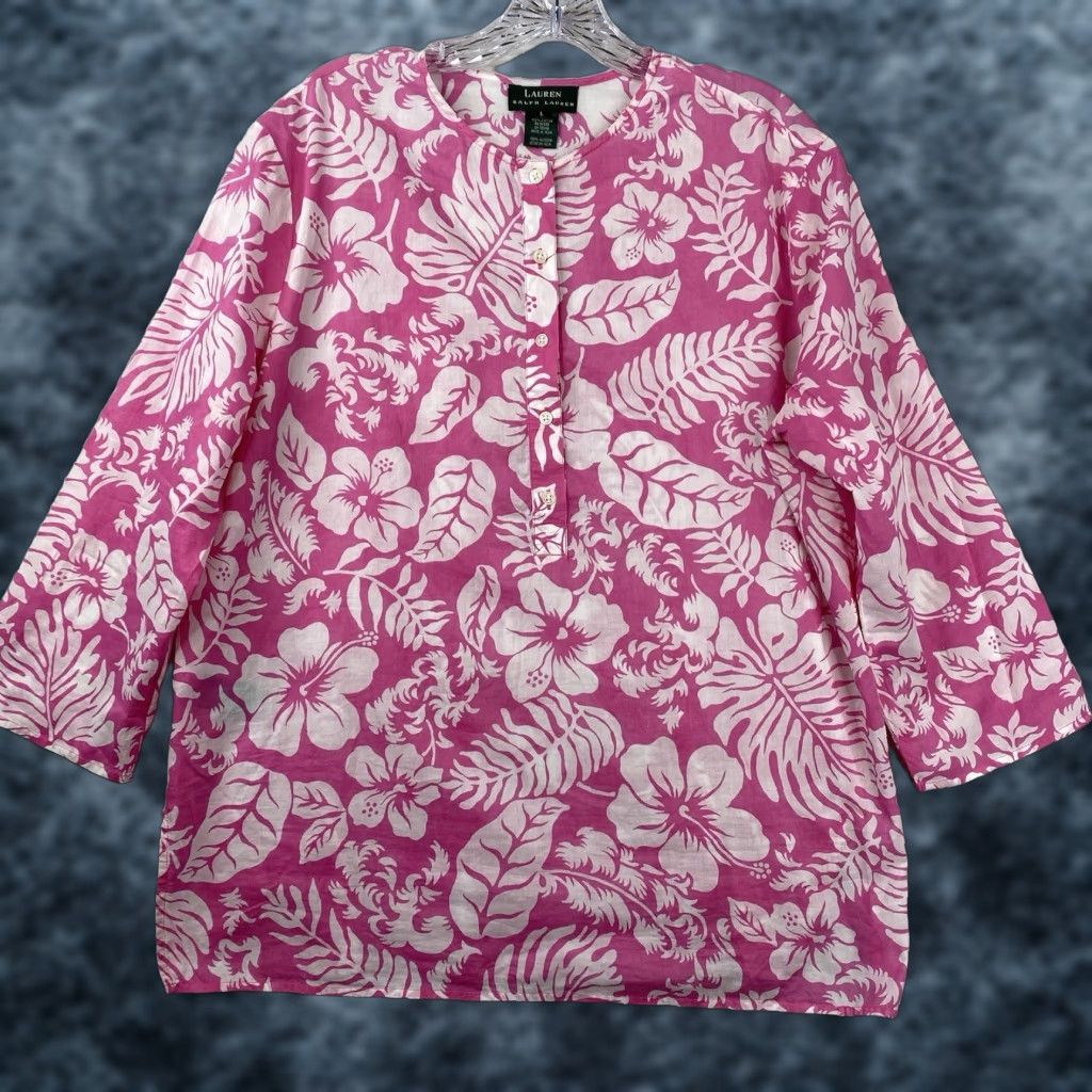 Ralph Lauren Ralph Lauren LRL Top Womens L Pink White Floral Lightweight Cotton Button Up Shirt Womens Colorful Floral 3/4 Sleeve Casual Size L / US 10 / IT 46 - 1 Thumbnail