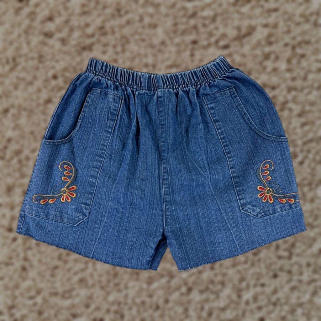 Denime Blue Denim Cutoff Shorts Womens 26 Floral Embroidered High Rise Elastic Waist 3" Inseam Casual Summer Size 26" / US 2 / IT 38 - 1 Thumbnail