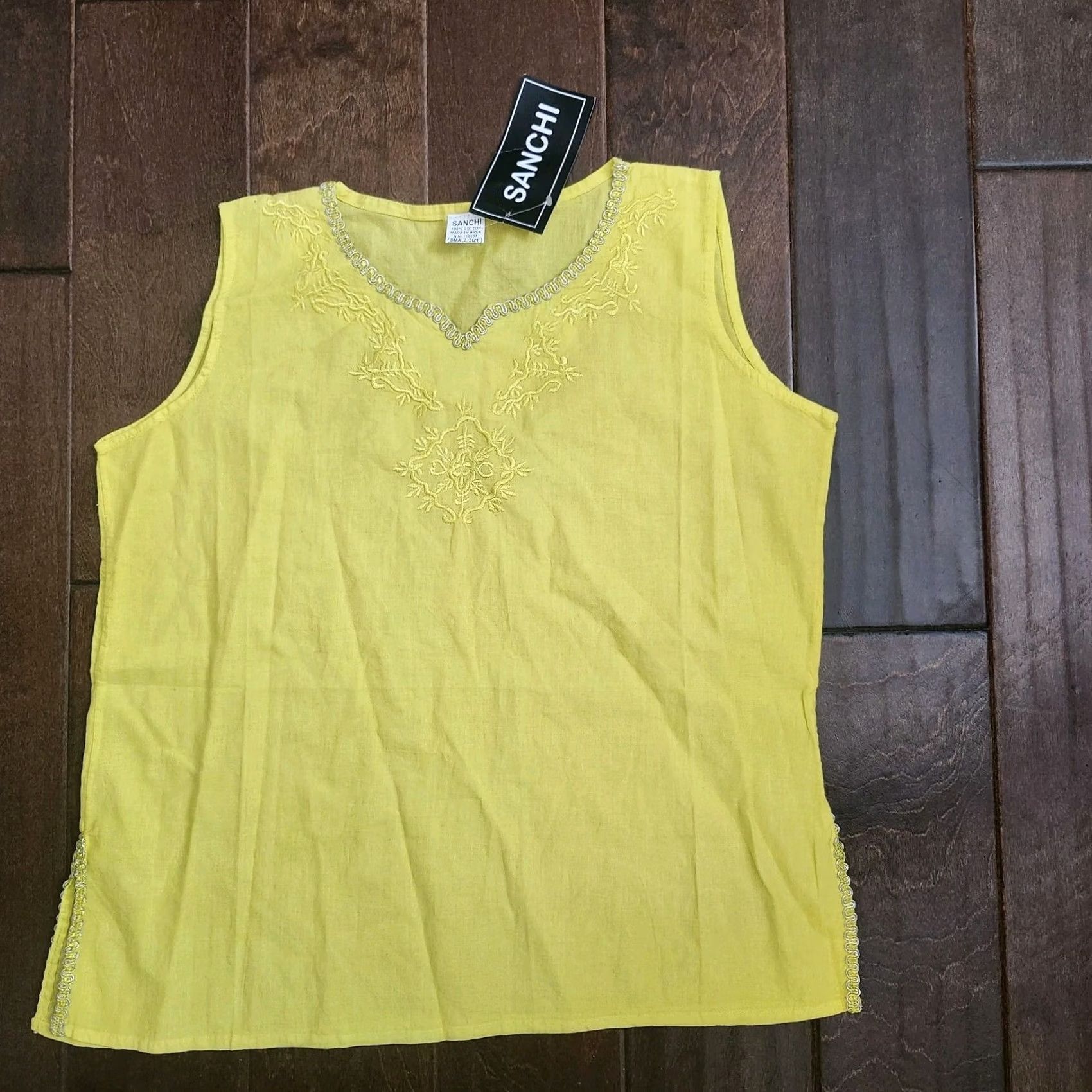 Vintage Sanchi Blouse Womens Size S Yellow Sleeveless Embroidered Cotton Pullover Basic Shirt/Top - Regular Fit, Solid, Summer Spring Fall - India Size S / US 4 / IT 40 - 2 Thumbnail