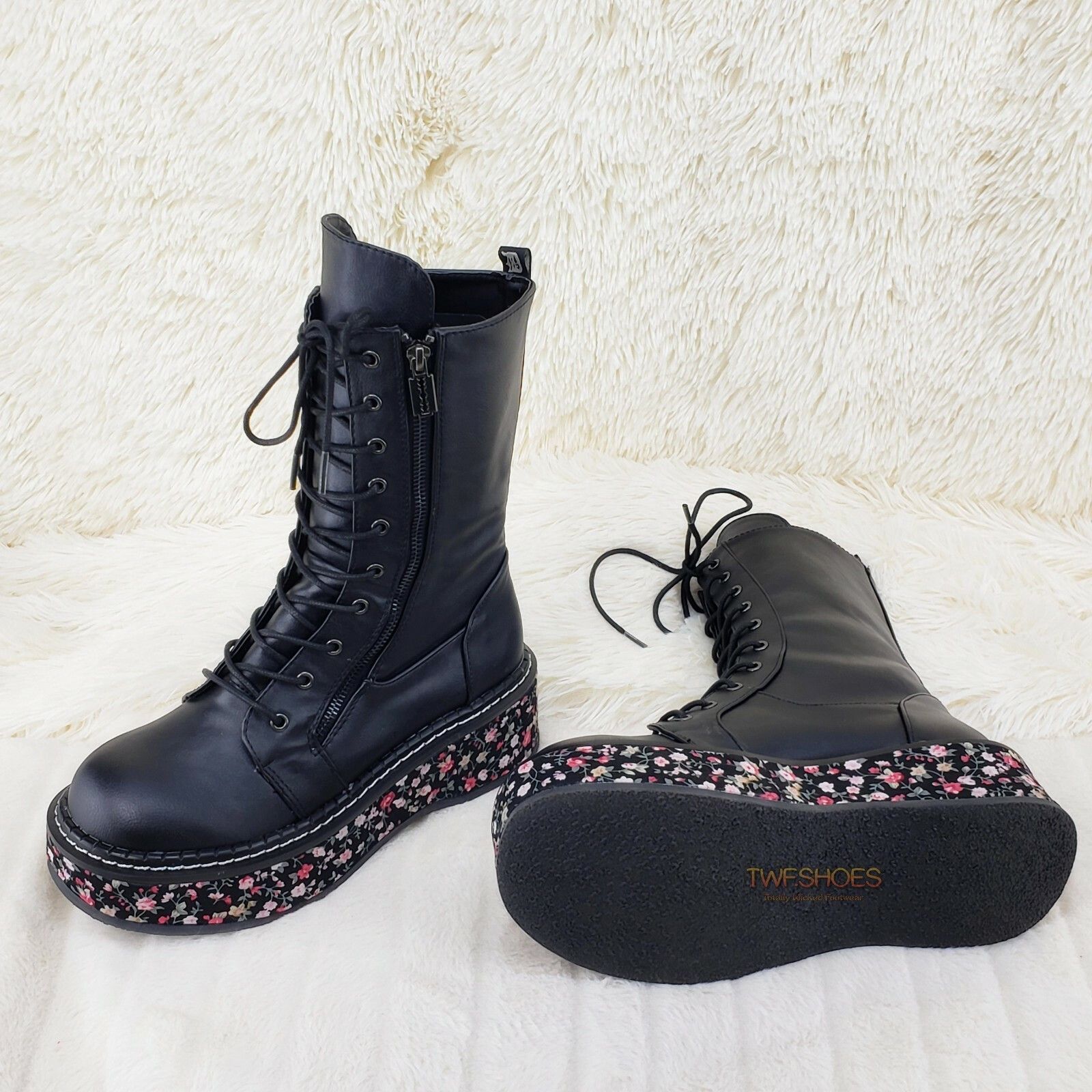 Other DEMONIA Emily 350 Black Matte Floral 2" Platform Combat Boot Size US 10 / IT 40 - 5 Thumbnail